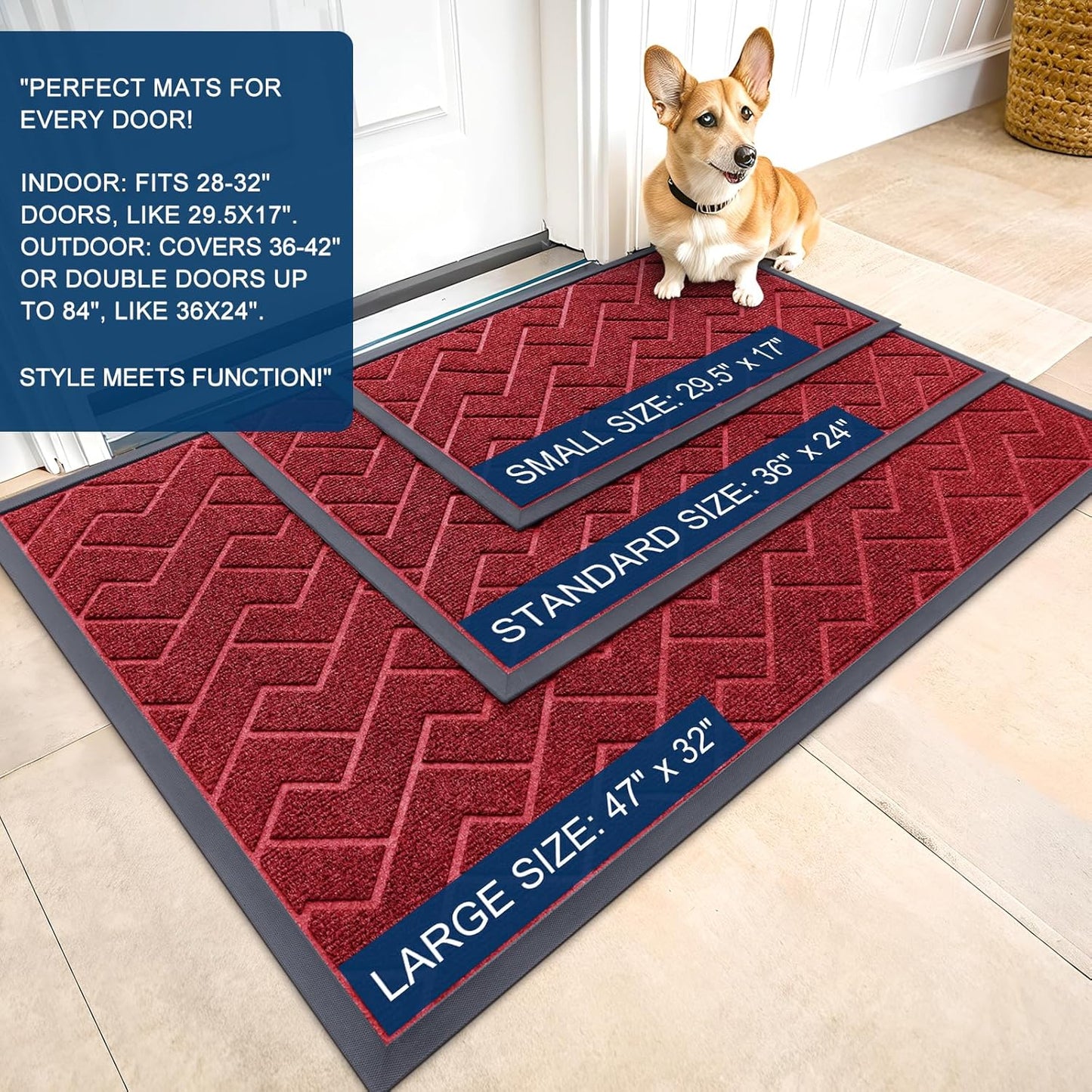 OLANLY Front Door Mat Indoor Outdoor Entrance, Waterproof All-Season, All-Weather Doormat, Sturdy Natural Rubber, Low Profile, Easy Clean Patio Porch Entryway Mat, Herringbone Brick (Wine Red, 47x32)