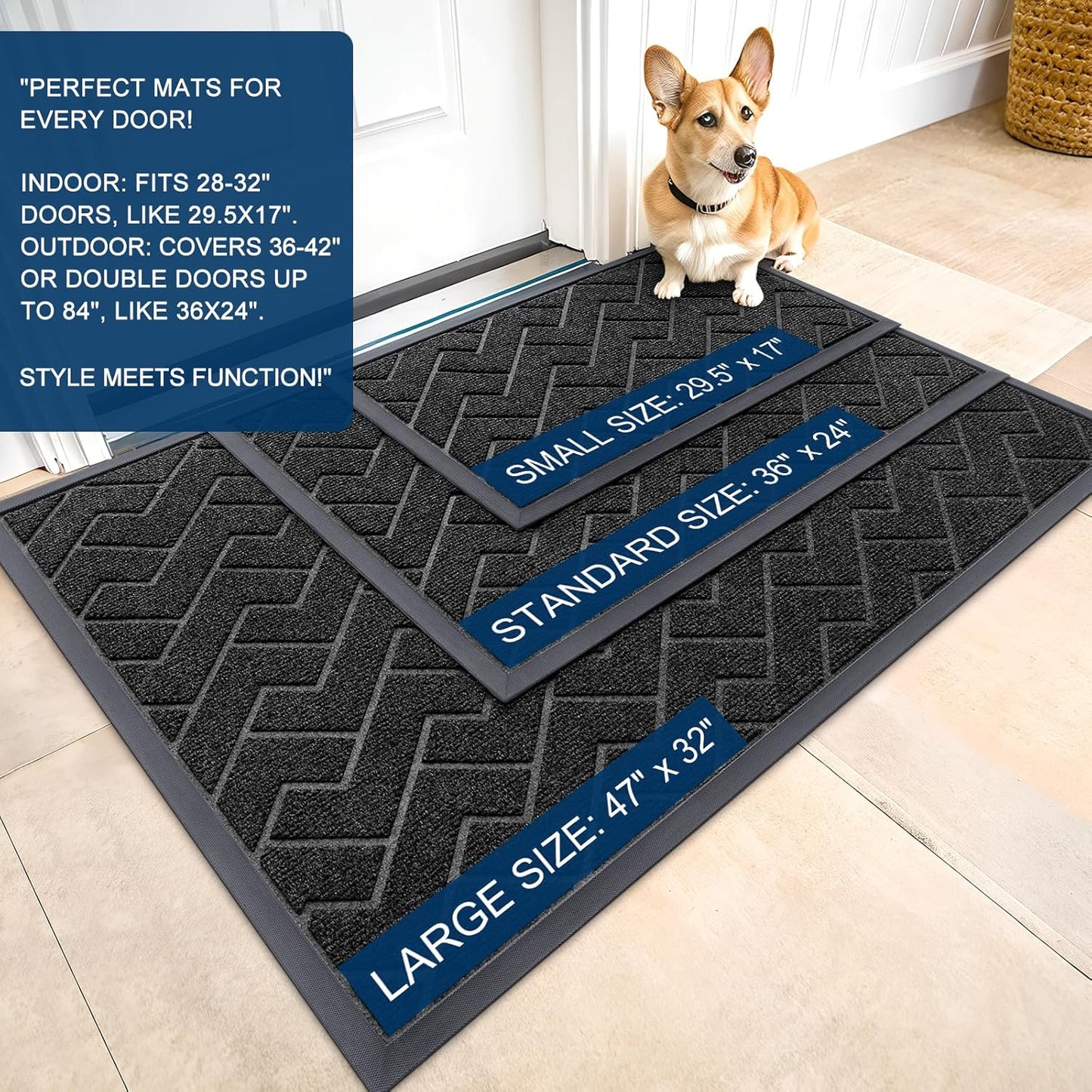 OLANLY Front Door Mat Indoor Outdoor Entrance, Waterproof All-Season, All-Weather Doormat, Sturdy Natural Rubber, Low Profile, Easy Clean Patio Porch Entryway Mat, Herringbone Brick (Black, 29.5x17)