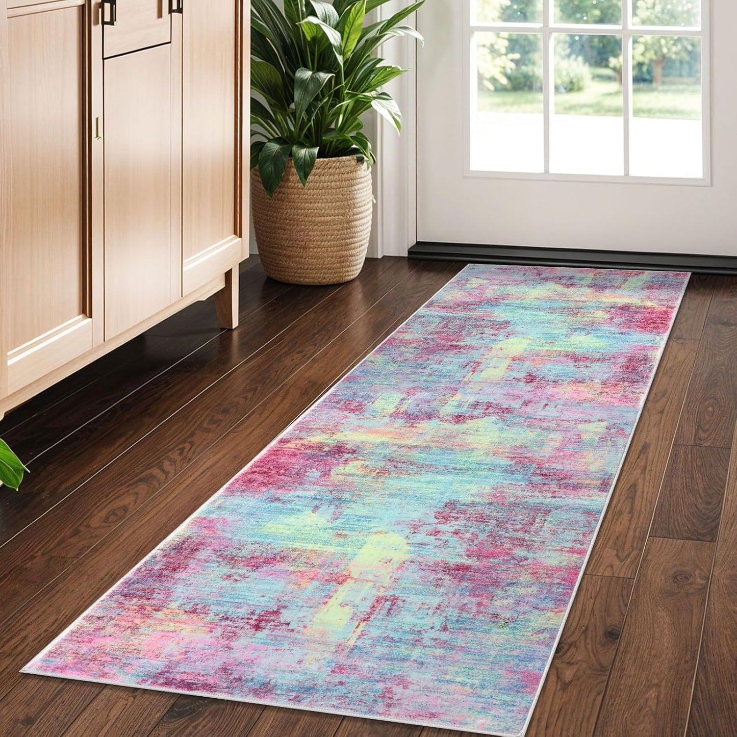 IOHOUZE Abstract Runner Rug 2x5 Ft Washable Runners for Hallways, Non Slip Kitchen Runner Printed Faux Wool Entryway Runner Indoor, Modern Abstract Floor Carpet for Hall Kitchen Bedroom, Pink Teal