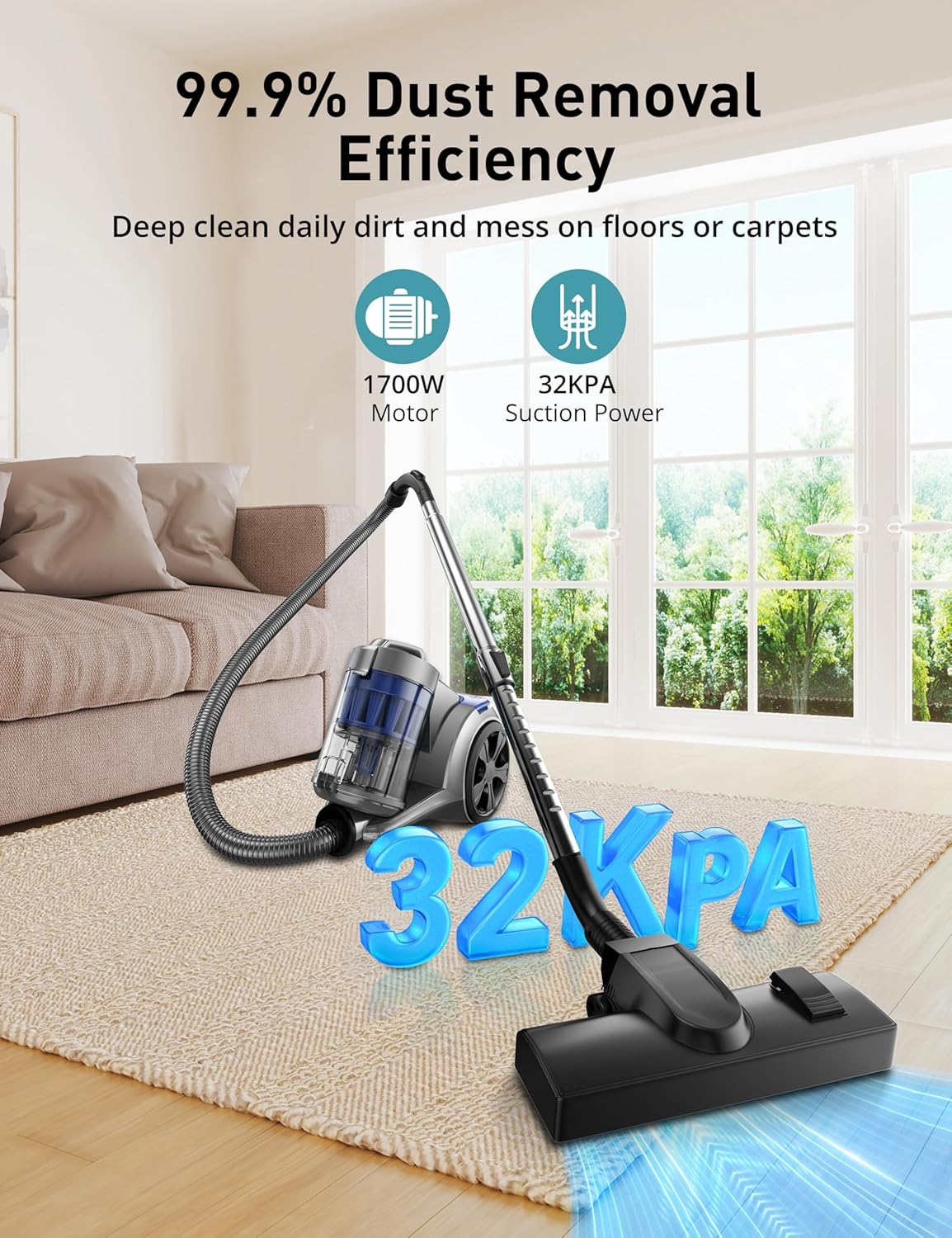1700W Canister Vacuum Cleaner, 32Kpa Bagless Vacuum Cleaner, Multi-Cyclonic Filtration, 2 Anti-Allergen HEPA Filters, 3.5QT Dust Cup, 4 Tools, Corded Vacuum for Hard Floor, Pet Hair, Navy Blue