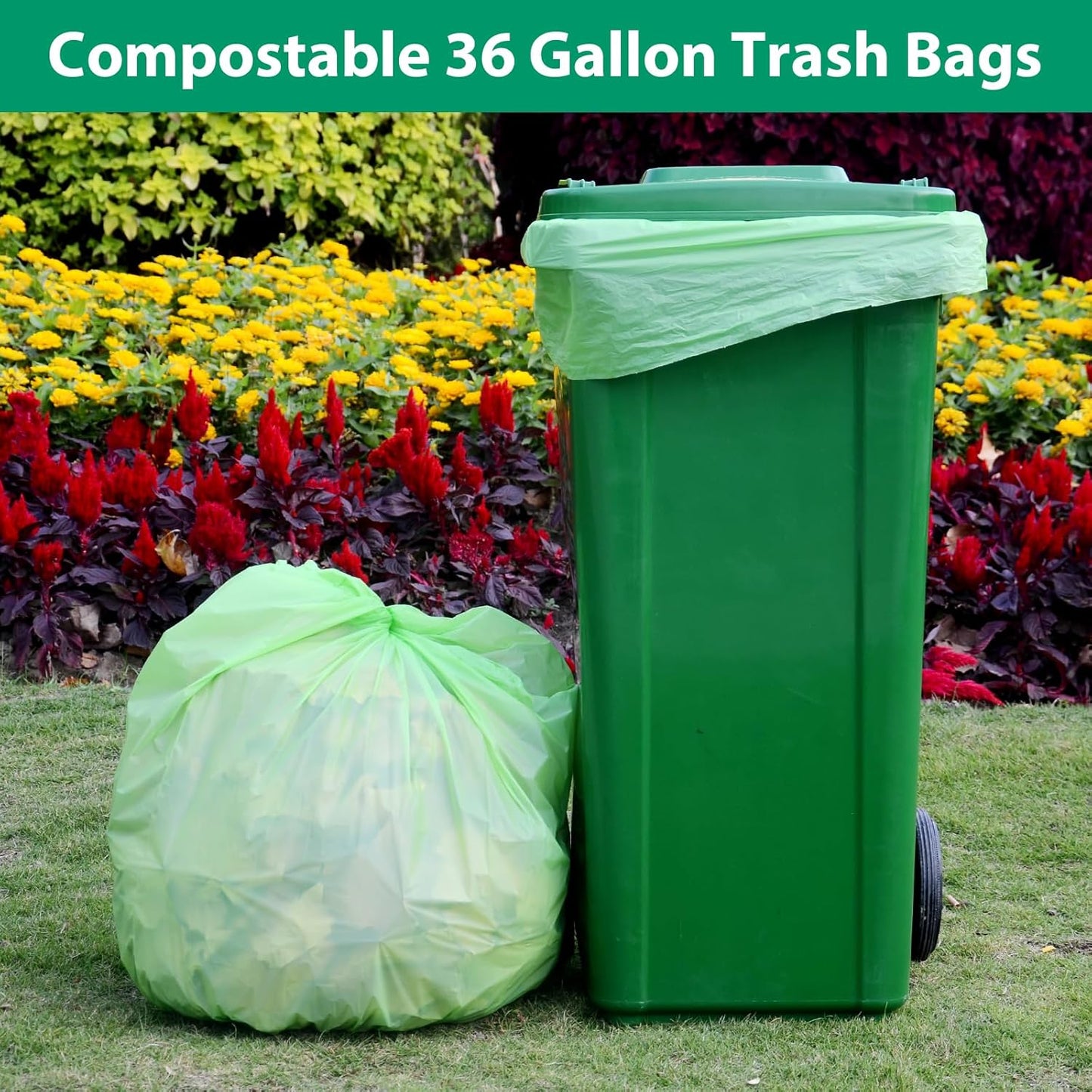 GreFusion Compostable 36 gallon Trash Bags, Extra Thick 1.28 Mills, Compost 36 Gal Trash Bags (Kitchen Tall Garbage Bags), Compostable Lawn & Leaf Yard Waste bags,ASTM D6400,Bpi Certified