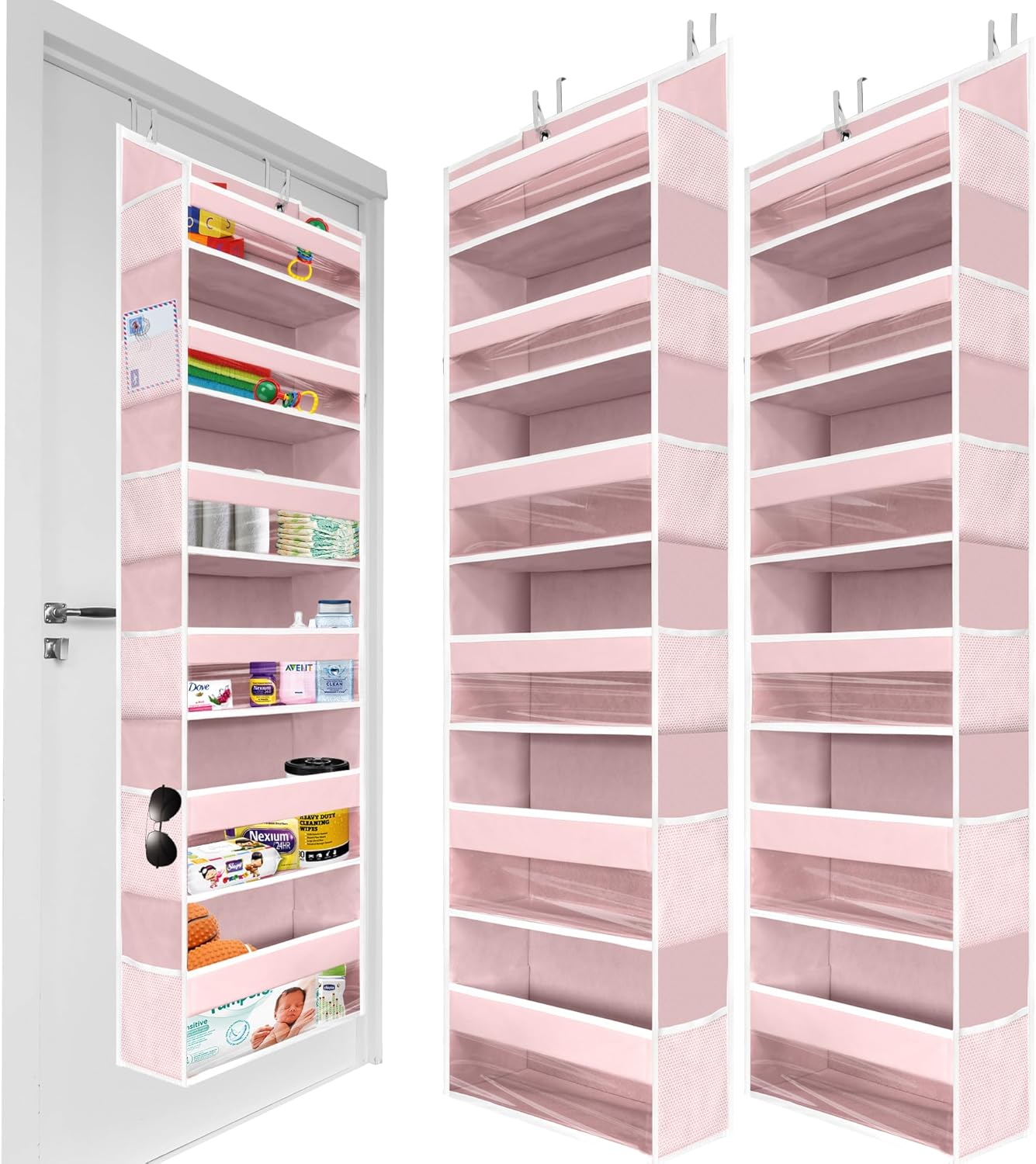 HOMELUX THEORY 2 PC Heavy Duty Over the Door Organizer 55x14x6.7, 6 Large Front & 12 Side Pockets, Hanging Storage Closet Door Organizer for Bedroom, Bathroom and Baby Nursery Storage (Baby Pink)