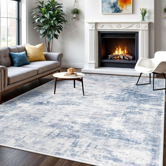 IOHOUZE Abstract Area Rugs 6x9 Ft Washable Rugs for Living Room, Non Slip Dining Room Rug, Printed Faux Wool Rugs for Bedroom, Floor Carpet for Office Nursery Playroom, Light Blue White