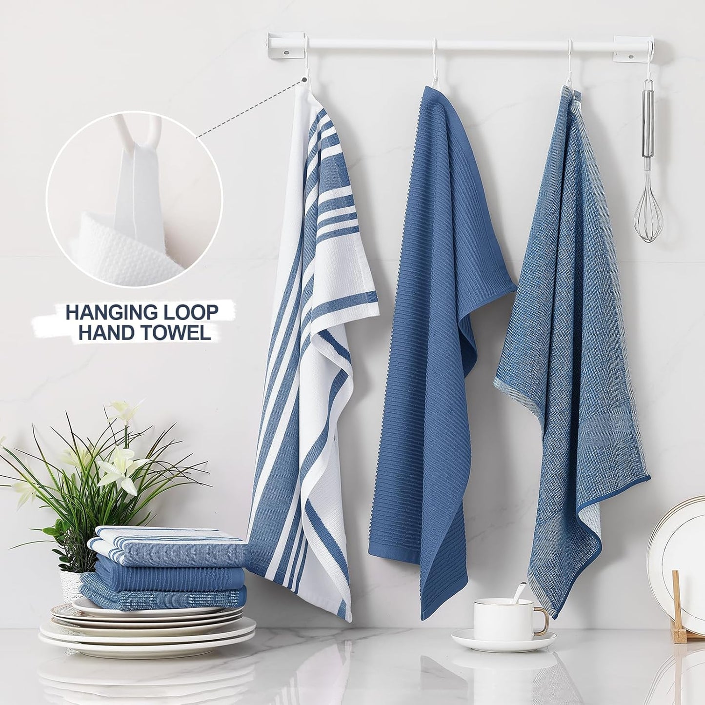 Homaxy Premium Kitchen Towels(18”x 28”, 6 Pack), Large Cotton 380 GSM Kitchen Hand Towels, Soft and Absorbent Terry Dish Towels, Multipurpose Tea Towel Set with Hanging Loop, Navy Blue