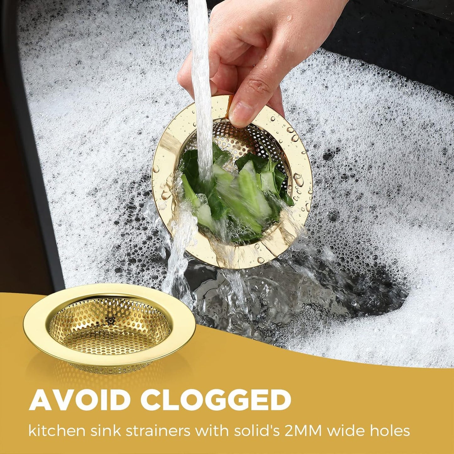 Retisee 2 Pcs Sink Strainer Stainless Steel Kitchen Sink Drain Strainer Basket Cover Mesh Hair Food Catcher, Large Wide Rim of 4.4 Diameter(Gold)