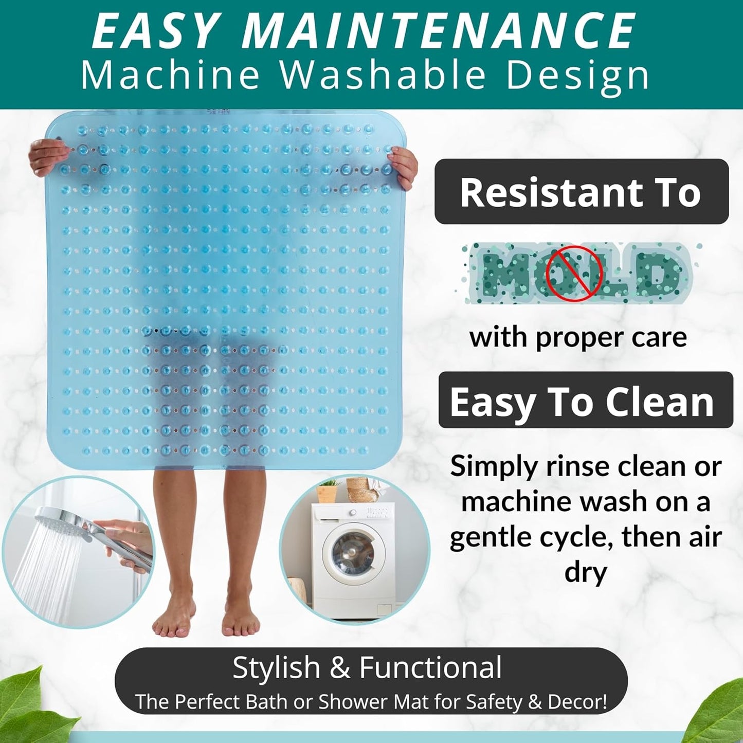 ENKOSI Extra Large Square Non Slip Shower Mat - 31 x 31-inch XL Bathroom Shower Mat - Square Shower Matts for Shower Stall Floors | Secure Suction Cups and Drain Holes (31x31 Clear Blue)