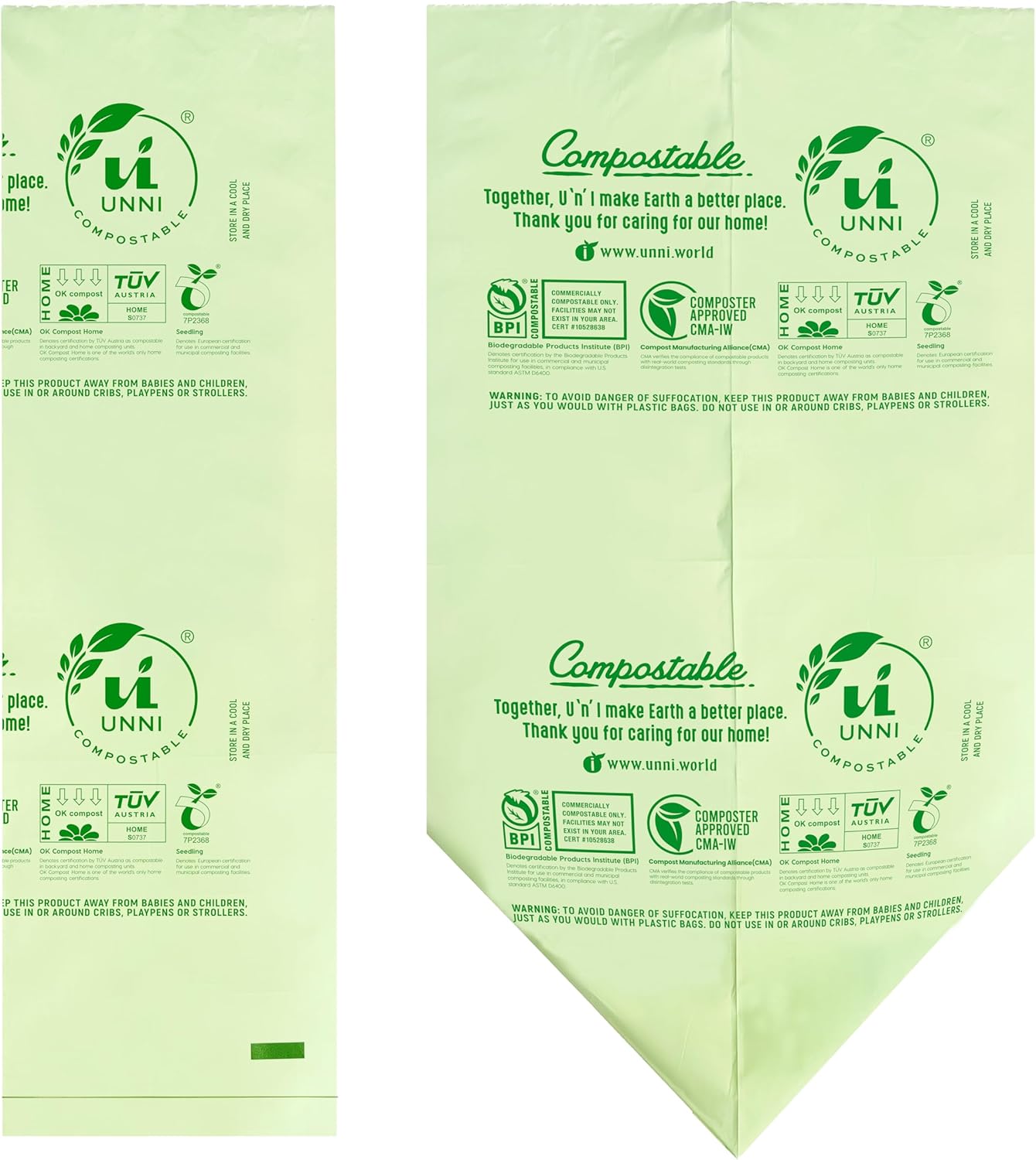 UNNI Compostable Trash Bags, 3 Gallon / 11.35 Liter, 200 Count, Extra Thick 0.71 Mil Small Kitchen Food Scrap Bin Liners, Certified by BPI, CMA & OK compost HOME, Meets the ASTM D6400 Standard