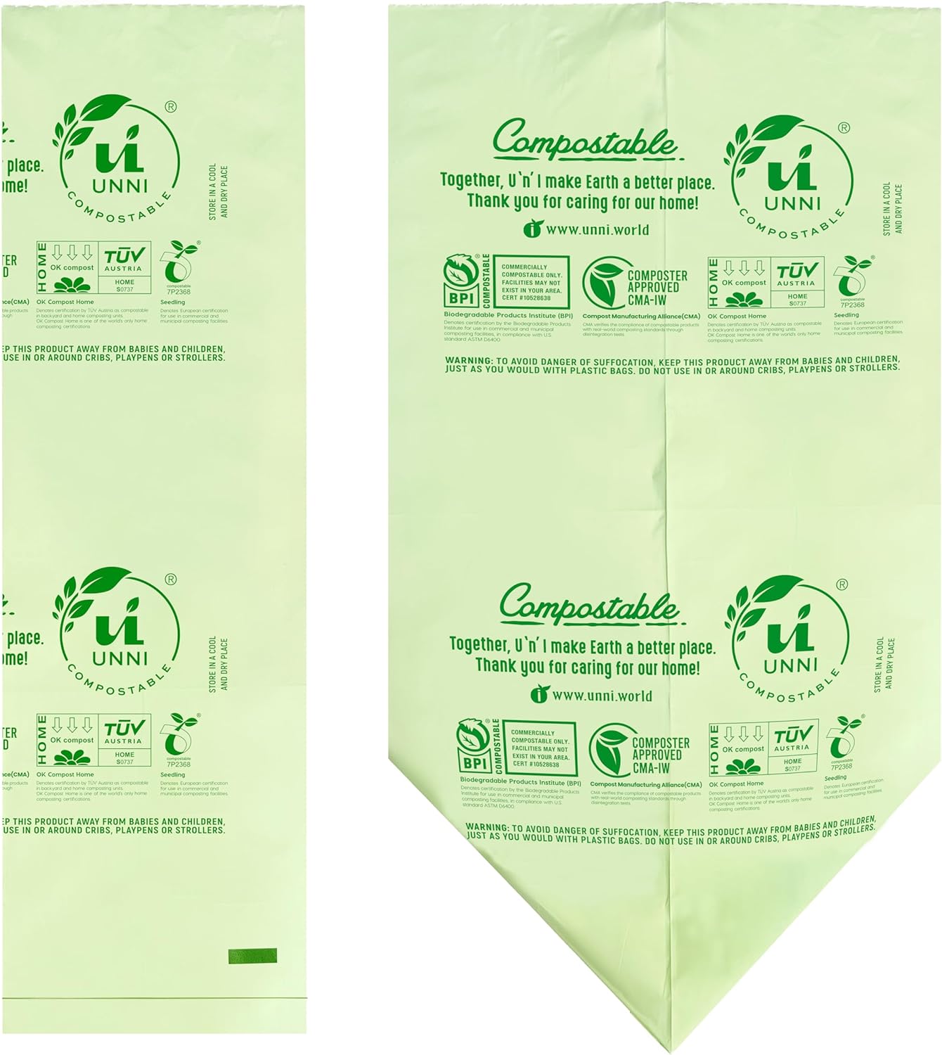 UNNI Compostable Trash Bags, 2.6 Gallon / 9.84 Liter, 100 Count, Extra Thick 0.71 Mil Small Kitchen Food Scrap Bin Liners, Certified by BPI, CMA & OK compost HOME, Meets the ASTM D6400 Standard