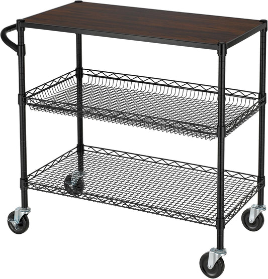 Finnhomy 3 Tier Heavy Duty Commercial Grade Utility Cart with Wood Top, Wire Rolling Cart with Wheels and Handle Bar, Kitchen Carts on Wheels, 18x36x35.4 H Metal Cart with 600 LBS Capacity, Black