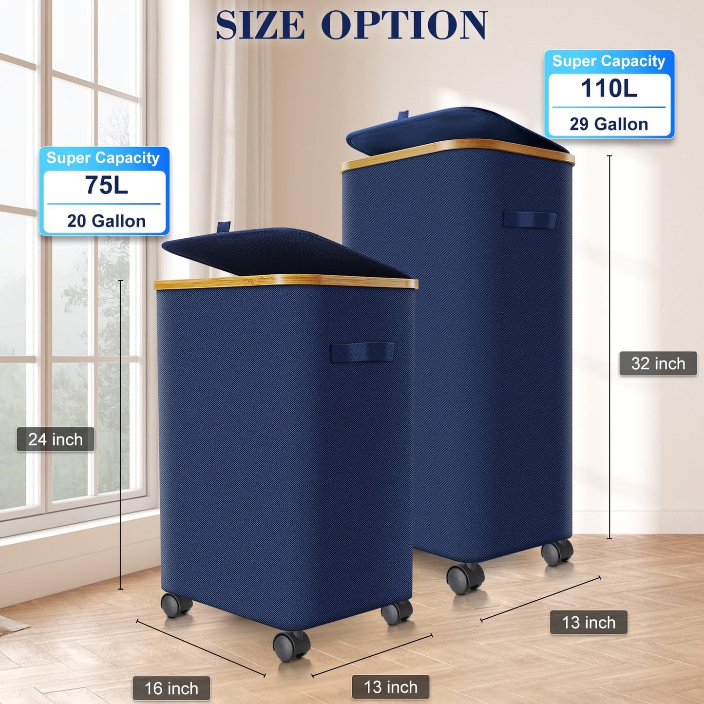 Laundry Hamper with Wheels,29 Gal (110L) Laundry Basket with lid Rolling Clothes Hamper Foldable Dirty Clothes Basket on wheels with Bamboo Frame and Bag for Bedroom, Dorm, Laundry Room-Blue