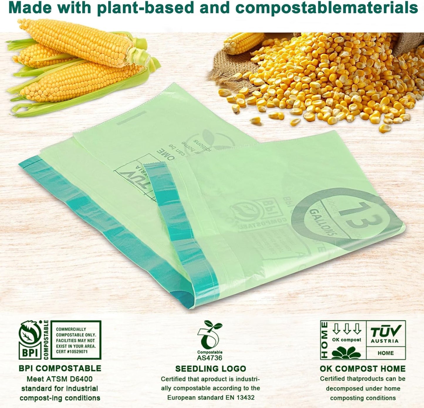 13 Gallon,100 Count, Compostable Trash Bags with Drawstring,Tear Resistant Kitchen Food Scrap Waste Bag, ASTM D6400, US BPI and Europe OK Compost Home Certified