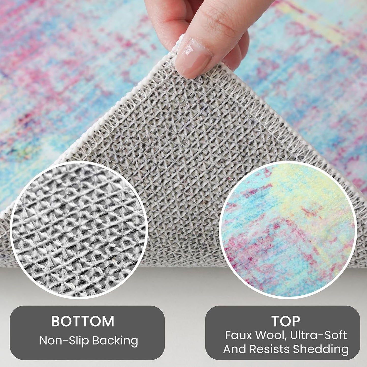 IOHOUZE Abstract Area Rugs 6x9 Ft Washable Rugs for Living Room, Non Slip Dining Room Rug, Printed Faux Wool Rugs for Bedroom, Floor Carpet for Office Nursery Playroom, Pink Teal