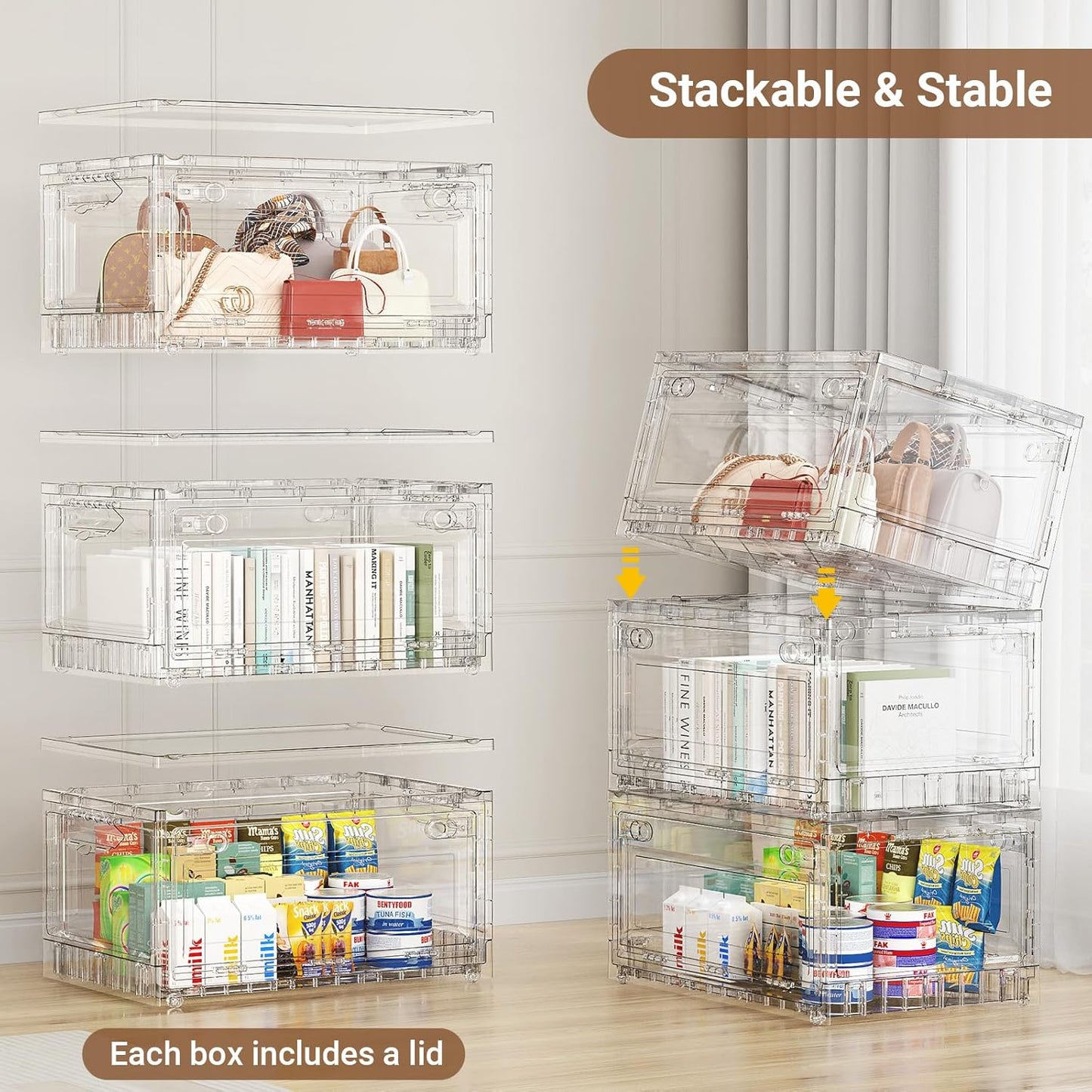 BROVIEW Clear Stackable Storage Bins Drawers, Open Front Large Plastic Storage Bins with Lids, Foldable Closet Organizers and Storage for Wardrobe Cabinets, Pantry, Makeup,4 Pack