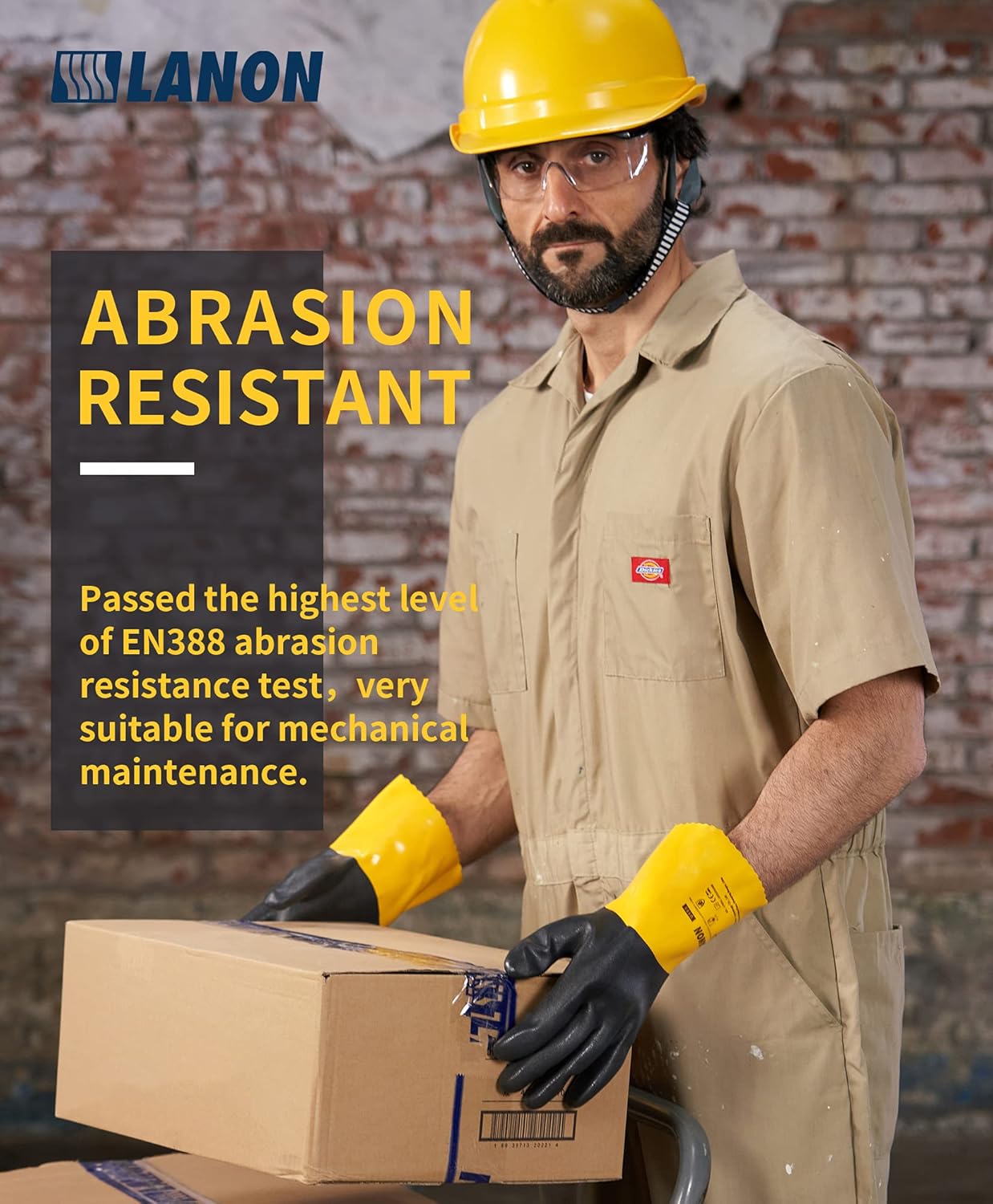 LANON 3 Pairs PVC Chemical Gloves, Thick Rubber Work Gloves, Heavy-Duty, EN 374/388, Acid, Alkali and Oil, Non-Slip, Large