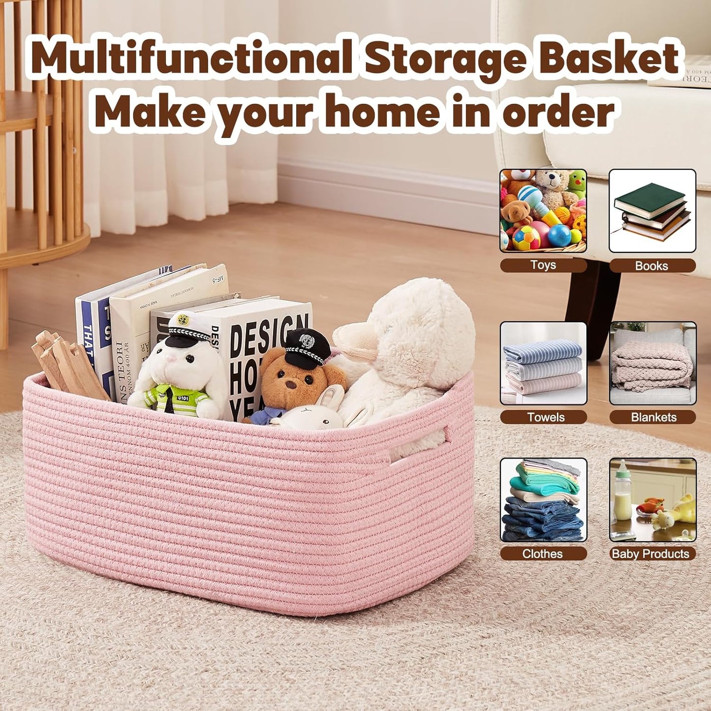 OIAHOMY Storage Basket for Shelves, Closet Cube Storage Bins Baskets for Clothes Blanket Towels, Baby Nursery, Toy Baskets Box, Woven Rope Basket, 15.75*11.81*7.09 IN, 2 Packs Pink