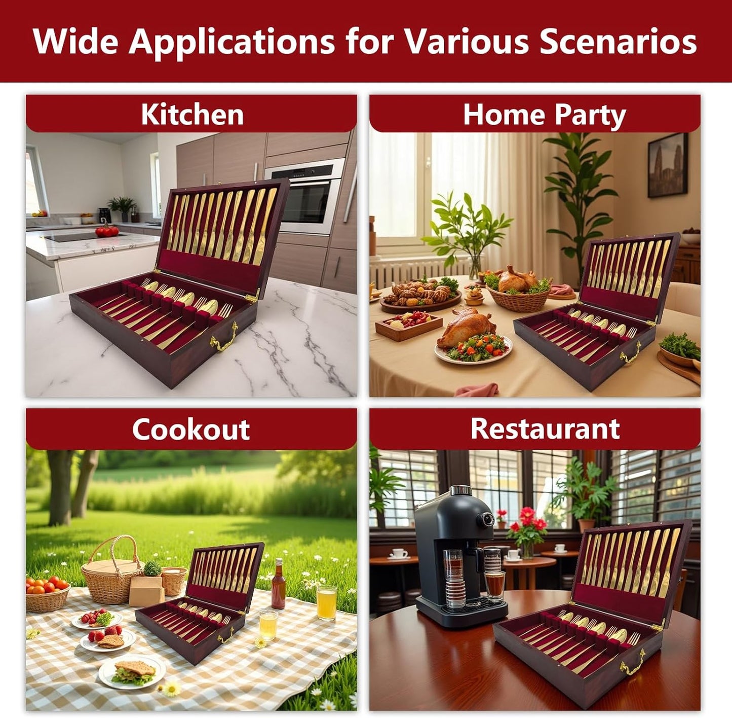 Silverware Storage Box, Kitchen Drawer Organizer, Drawer-containing flap-type storage box, Wood Chest, with Tarnish Proof Felt Lined, Storage Silver Chest for Kitchen (1 layer)