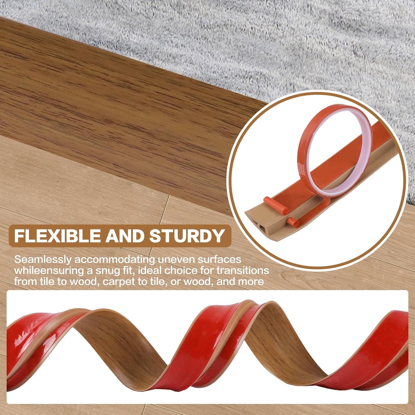 Floor Transition Strip Vinyl Door Threshold Ramp Self Adhesive Carpet Edging Strip Doorway Edge Trim, Overlap Edge Reducer for Laminate Carpet, Floor, Tile (Orange Oak, 1/5" to 2/5", 6.6Ft)