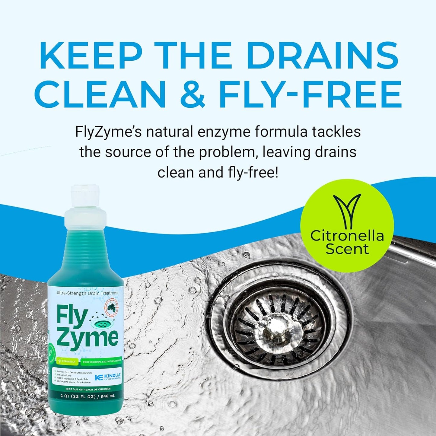 Kinzua Environmental Fly-Zyme, Highly Concentrated Enzyme Drain Cleaner for Pipes & Fruit Flies, Citronella Scented Organic Waste Degrader & Odor Neutralizer, 32 fl oz