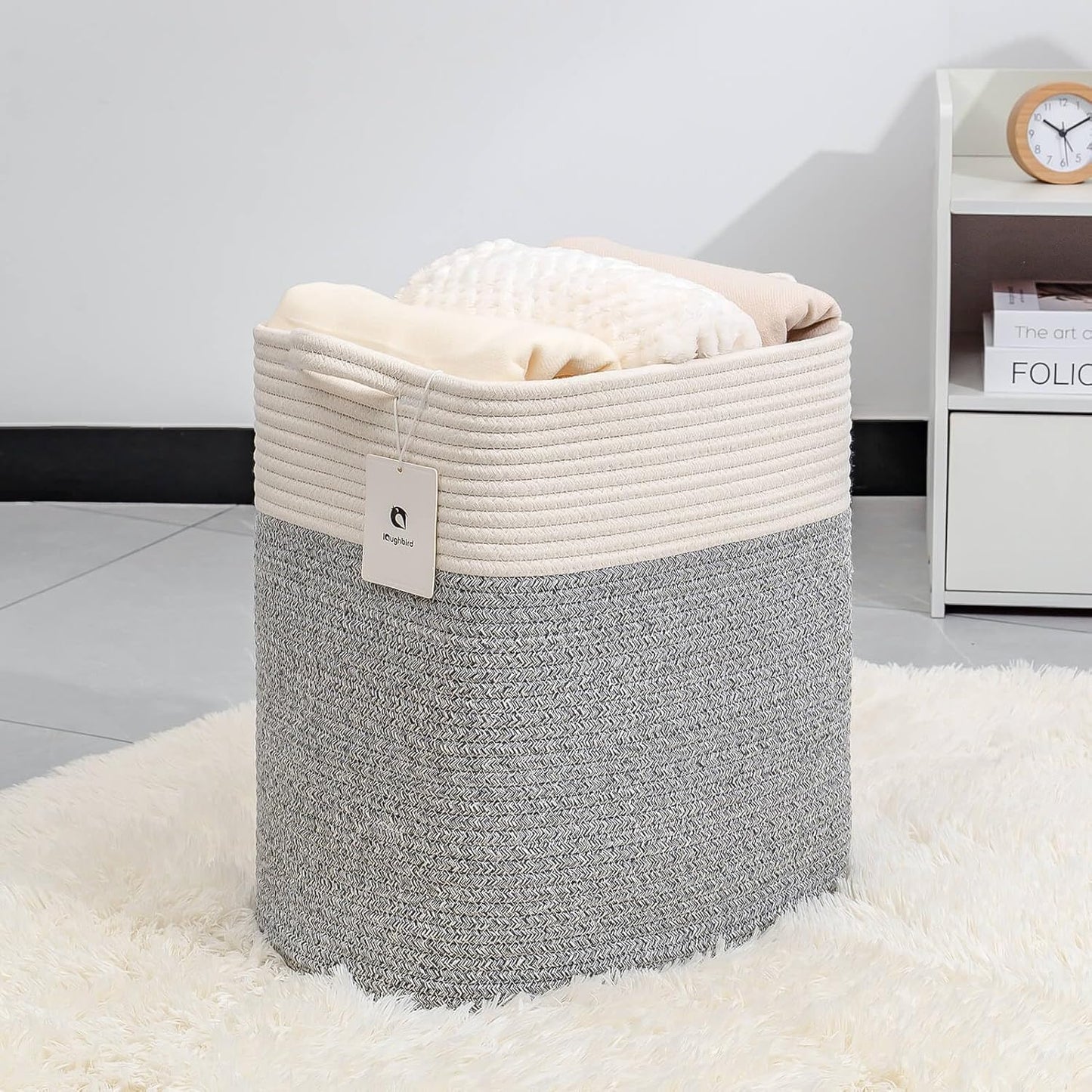 Medium and Large Woven Basket//With Handle, Used for Toys and Fabric Storage Basket used for Storing xl Storage Box, Decorative Storage Box Room (14L*15.7H R Silver Gray, 14L*10W*15.7H)