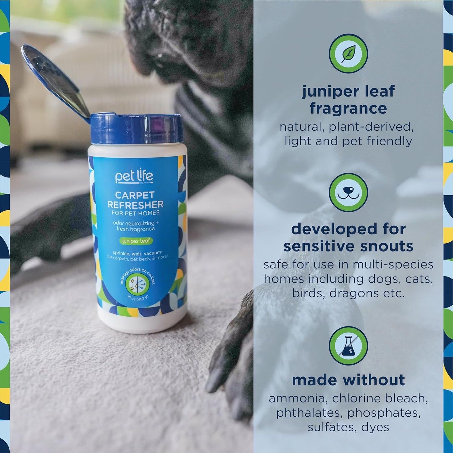 Pet Life Unlimited Carpet Refresher & Deodorizer Powder - Pet Safe, Plant-Based Juniper Leaf Scent, Made in USA - 16oz (Pack of 3)