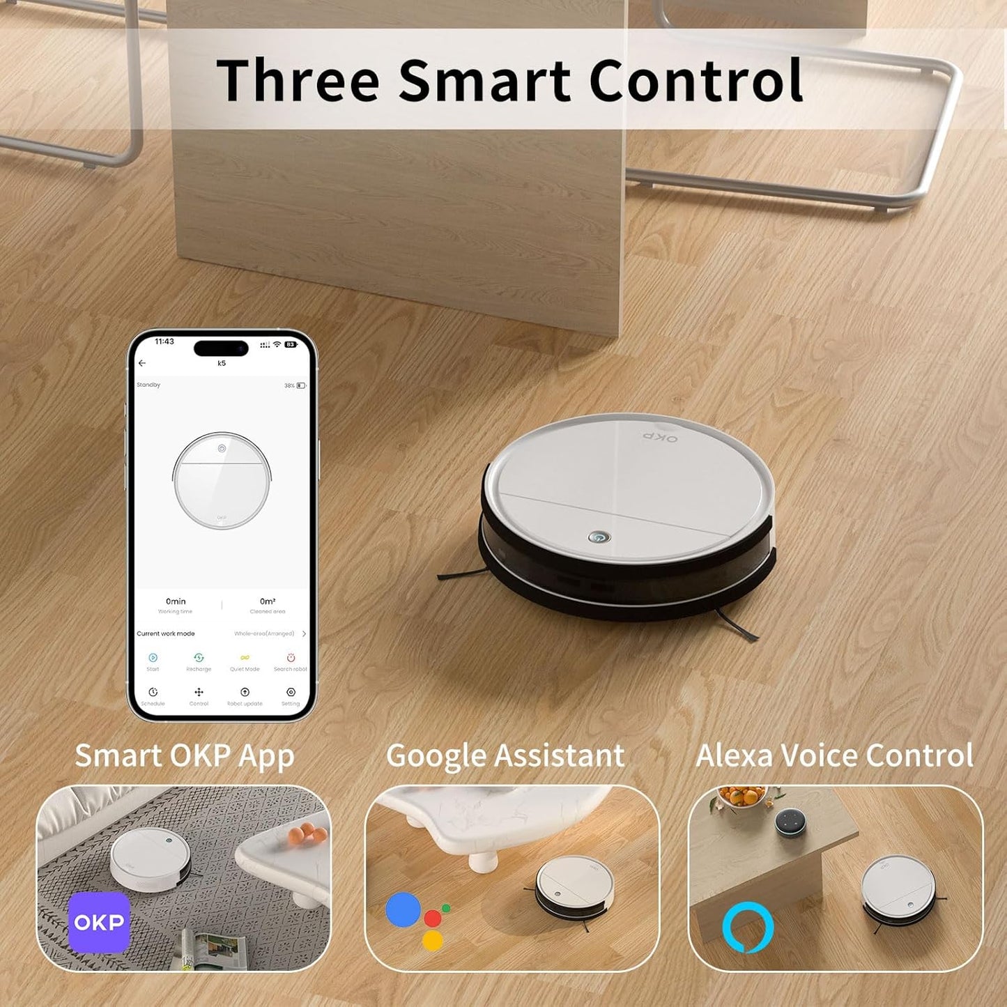 OKP K5 Robot Vacuum Cleaner, No Tangled Hair, Super Thin, 2500pa Suction, Cleaning Schedules, Self-Charging, Robotic Vacuums with Wi-Fi/App/Alexa Control, Ideal for Pet Hair Carpets Hard Floors