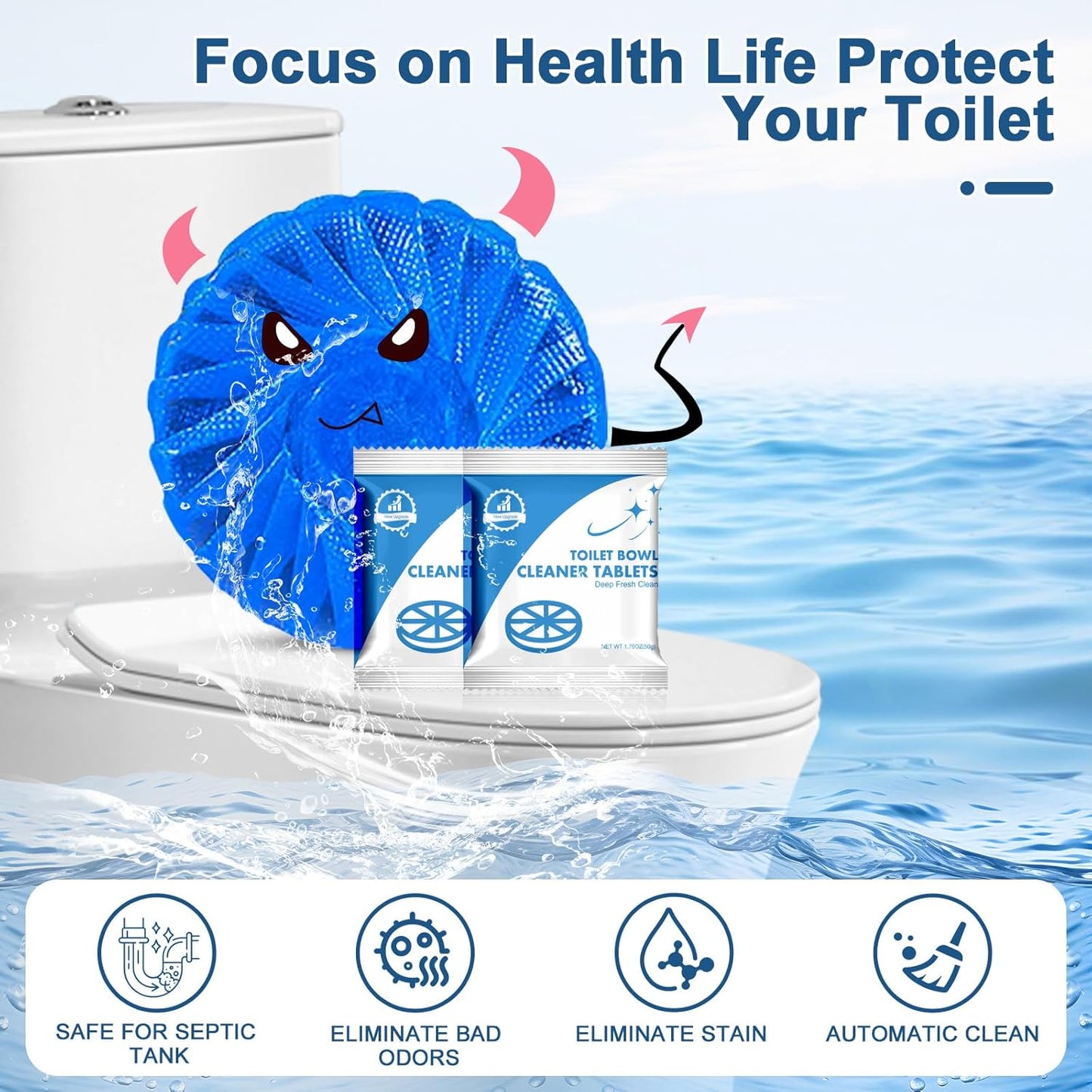 Toilet Bowl Cleaner Tablets Blue Toilet Tank Cleaners, Septic-Safe Hard Water Stain Remove, Bathroom Automatic Toilet Cleaning & Deodorizer, Fresh Scent - 30 Tabs