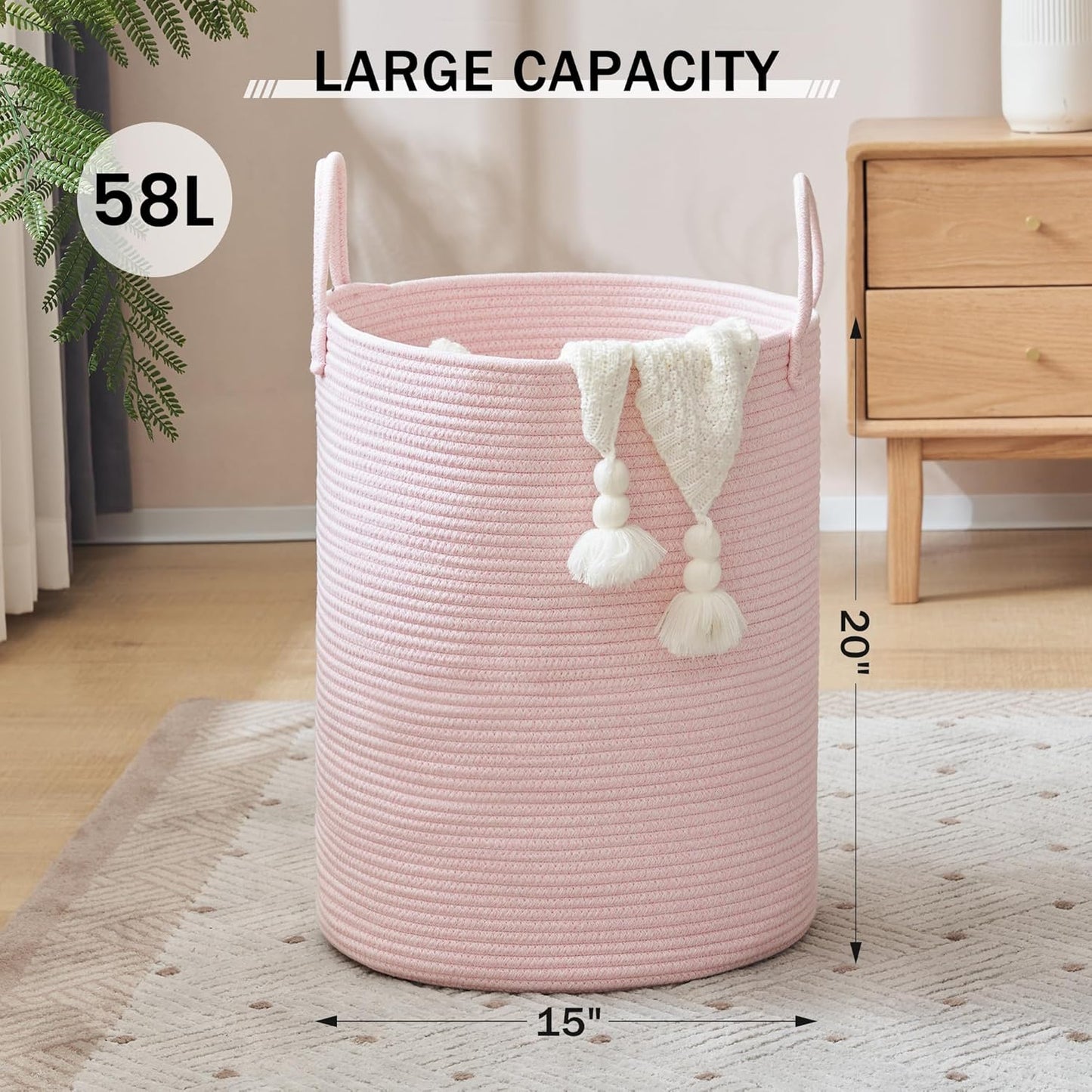 YOUDENOVA Woven Rope Laundry Hamper, 58L Tall Luandry Basket, Baby Nursery Hamper for Blanket Storage in Bedroom-Large-Pink