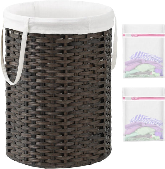 Laundry Basket Round Rattan Laundry Hamper 29.1 Gal (110 L) Handwoven Large Wicker Basket with Handles, Wicker Hamper with Removable Bags and 2 Mesh Bags for Bathroom Living Room Brown