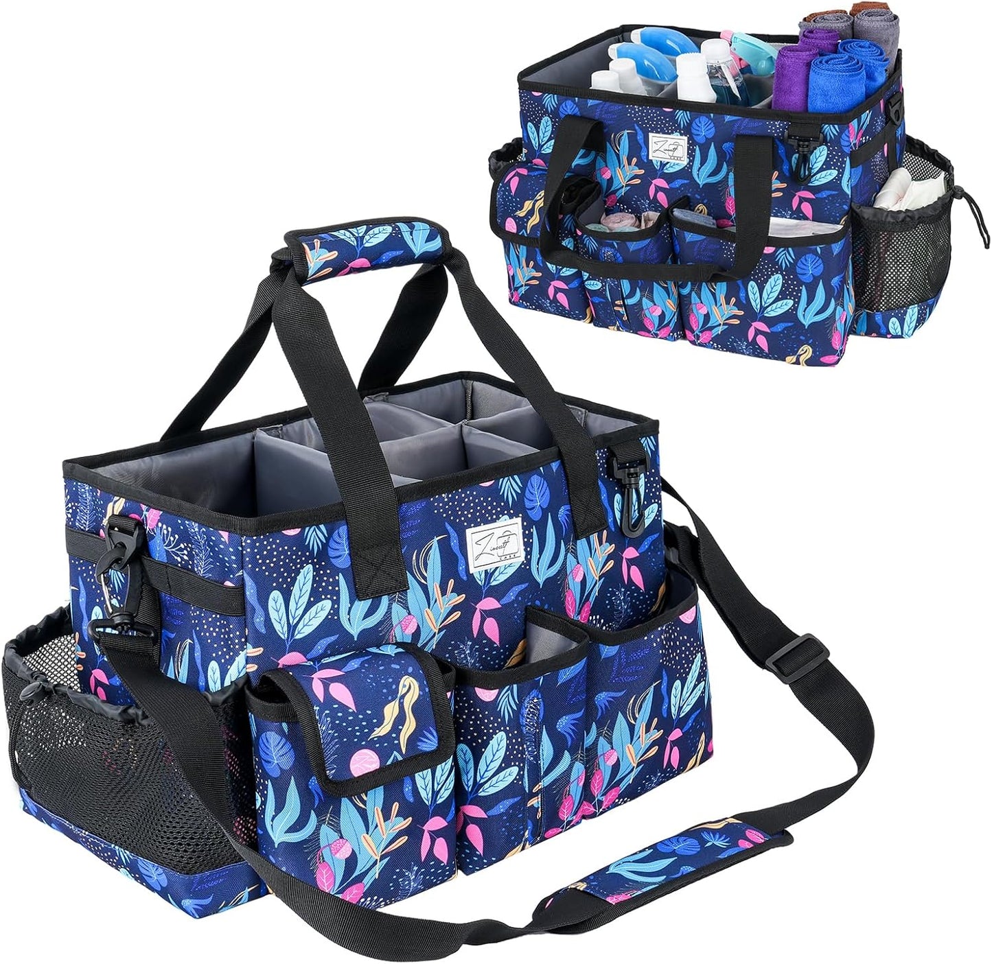 Cleaning Organizer, Large Caddy Bag for Supplies, Housekeeper's Bag with Handle (Blue Leaf)