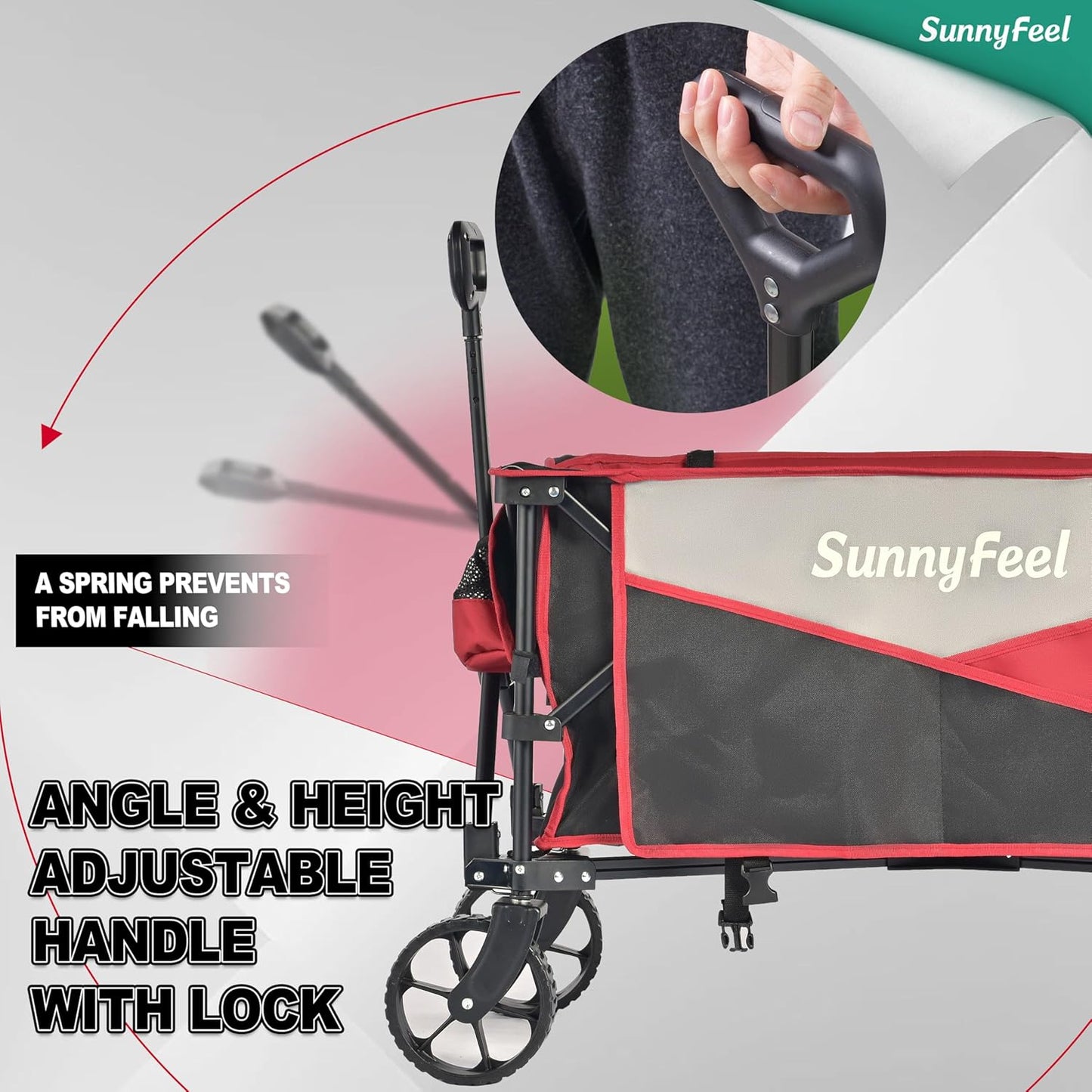 SunnyFeel Heavy Duty Collapsible Outdoor Utility Wagon Cart 400LB Capacity Adjustable Handlebar,Foldable Beach Wheels Stable Durable Oxford Fabric for Shopping Garden Camping (Black & Red)