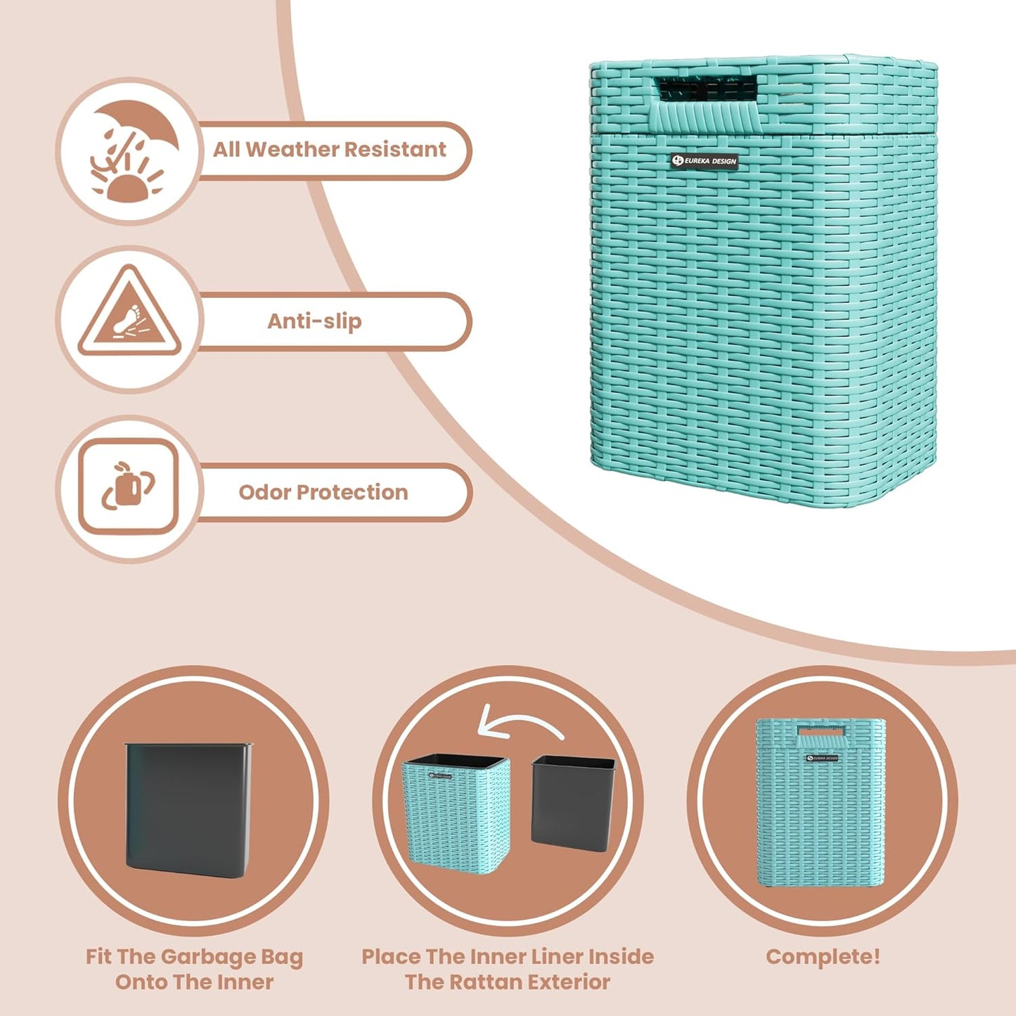 Ypati Handwoven 4 Gallon Rattan Trash Can with Lid, Boho Style Decorative Indoor and Outdoor Trash Bin with Shelf, Waste Basket for Bathroom, Kitchen, Patio, with Trash Bags, Turquoise Blue, Eureka