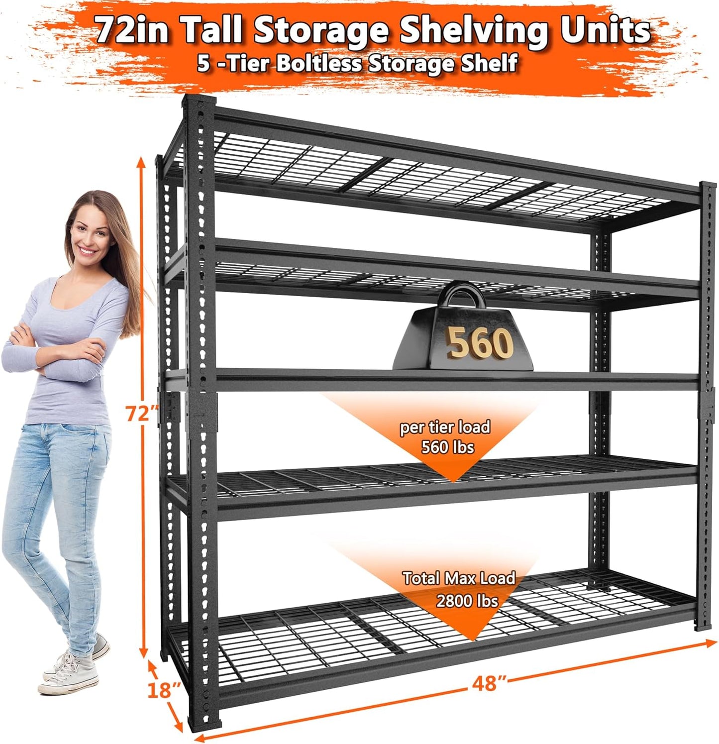 Storage Shelves Heavy Duty, 4 PCS 48" L x 18" W x 72" H Garage Wire Shelving Unit Loads 2800LBS, 5-tier Adjustable Metal Industrial Utility Shelf Rack for Kitchen, Laundry Room, Warehouse, Basement