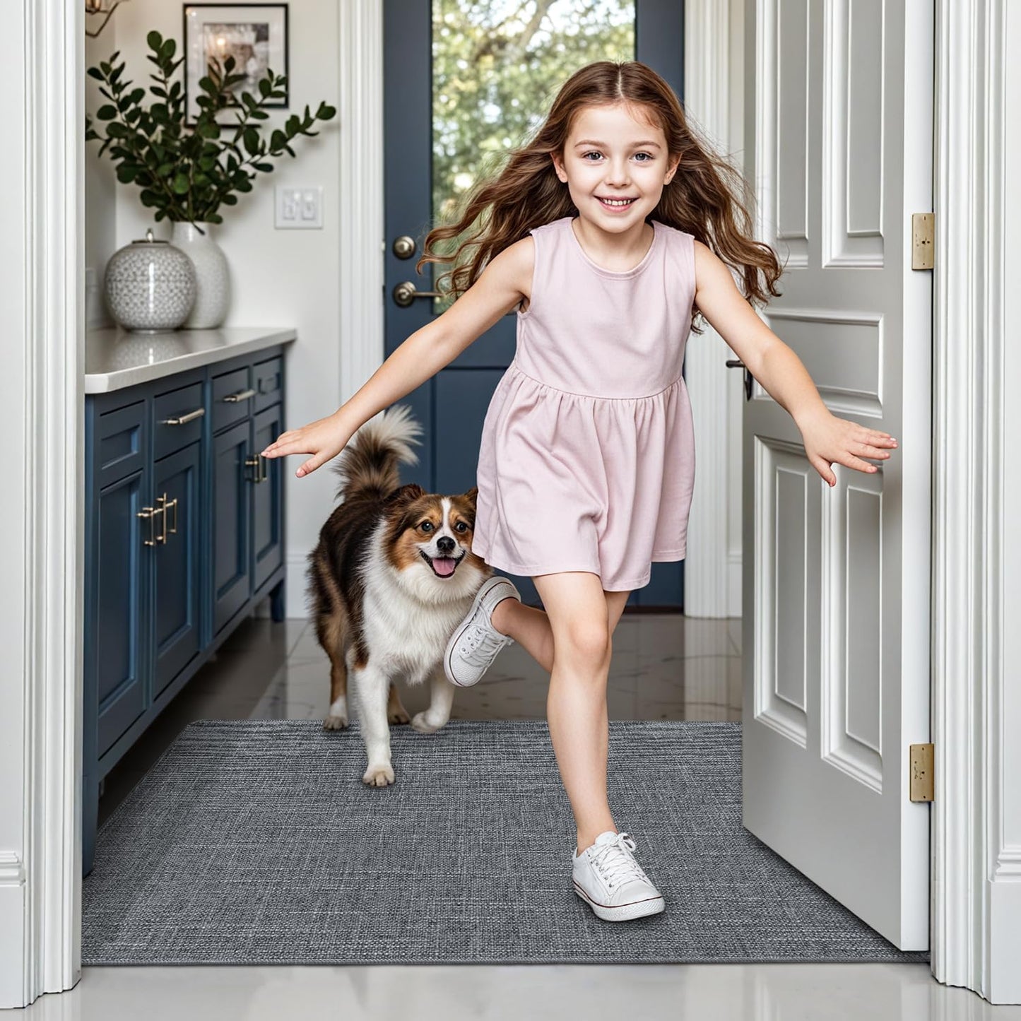 LUMI Ultra Thin Door Mat for Entryway,36"x56" Low Profile Non Slip Rubber Backing Indoor Doormat, Easy Clean Welcome Entrance Mat for Inside House, Patio,Dark Grey