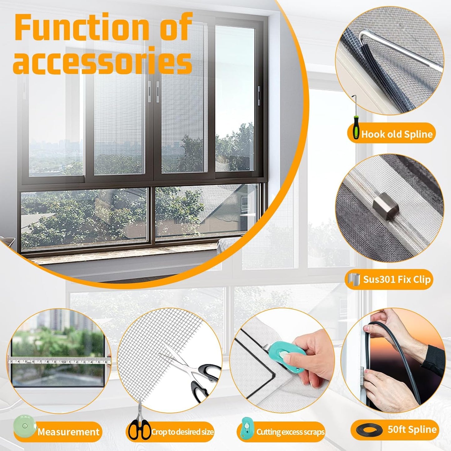 Window Screen Replacement,Screen Door Repair Kit, 48"x178" Grey Window Screen Mesh,Including 50 FT Splines+Hooks+2 Rollers+8 Clips+Scissors+Knife+Tape Measure,Fully Equipped Window Screen Repair Kit