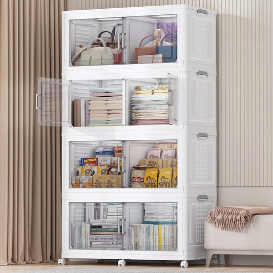 BROVIEW 800 Qt Plastic Storage Bins with Lid, Doors & Wheels, 4Pack Extra Large Stackable Collapsible Storage Bins, Closet Organizers and Storage Drawer, Foldable Cabinets for Home Office, White