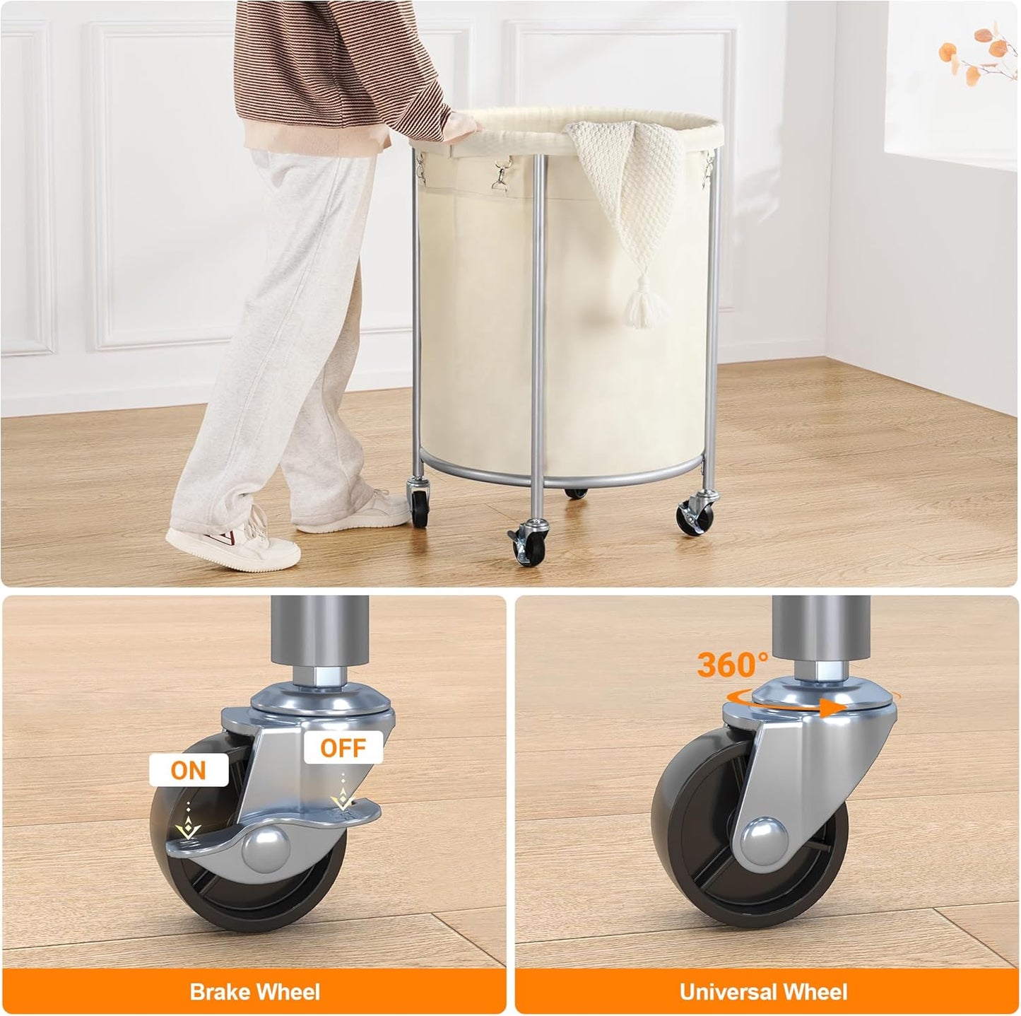 ELYKEN Laundry Basket with Wheels, 170L Rolling Laundry Hamper with Removable Bag and Steel Frame, Round Laundry Cart with 4 Casters and 2 Brakes, Ideal for Bedroom, Bathroom, Laundry Room, Cream