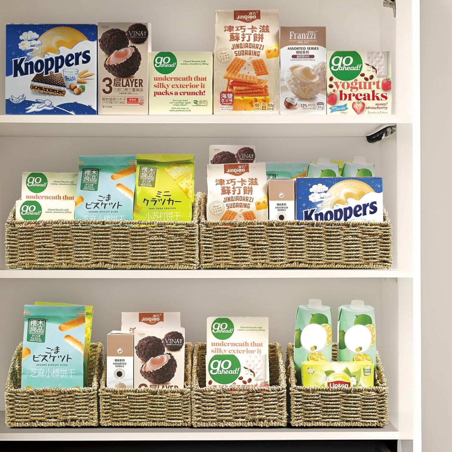 Ollieroo Natural Seagrass Storage Baskets, Handwoven Wicker Storage Bins with Built-in Handles, Storage Container Baskets for Shelves, Bedroom, Bathroom, Laundry Room or Kitchen(Green)