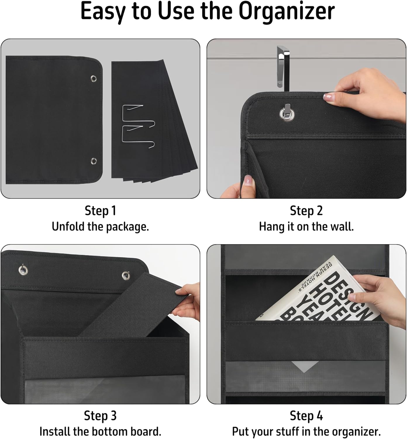 Over Door Organizer with 5 Large Pockets, Heavy Duty Hanging Organizer Storage, Closet Bathroom Nursery Bedroom Dorm, Toys Cosmetics Sundries and Baby Essentials, Black