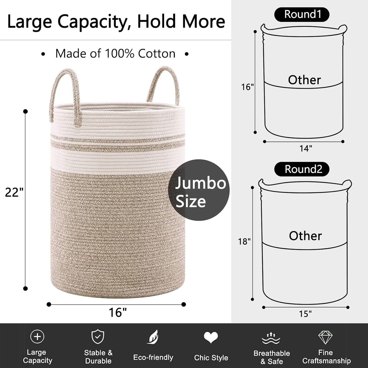 YOUDENOVA Woven Rope Laundry Hamper Basket, 72L Tall Luandry Basket, Baby Nursery Hamper for Blanket Storage, Clothes Hamper for Laundry in Bedroom-Large-Brown