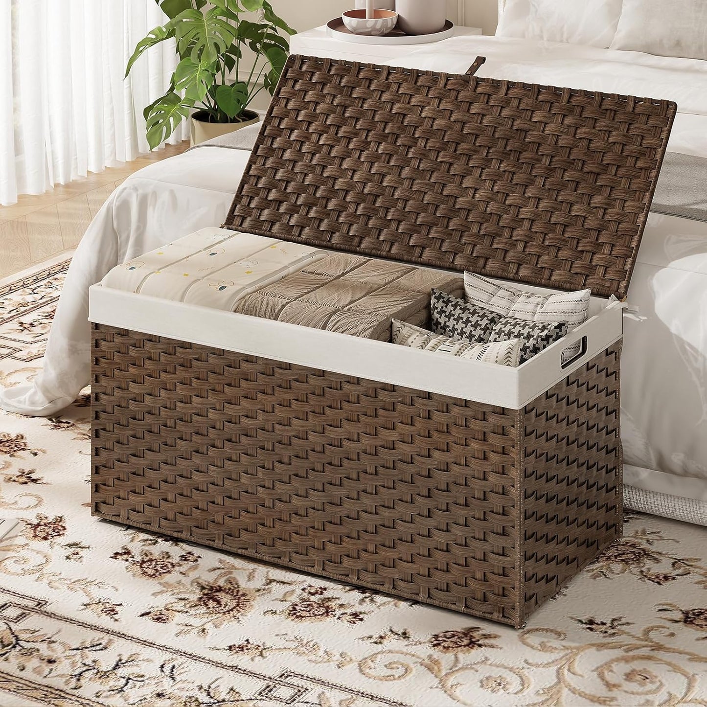 HOOBRO Storage Basket with Lid, 52.8 Gallon (200L) Wicker Basket, Handwoven Blanket Storage Basket with Handles, Metal Frame and Soft Lining, Foldable for Bedroom, Laundry Room, Brown BR220CW01