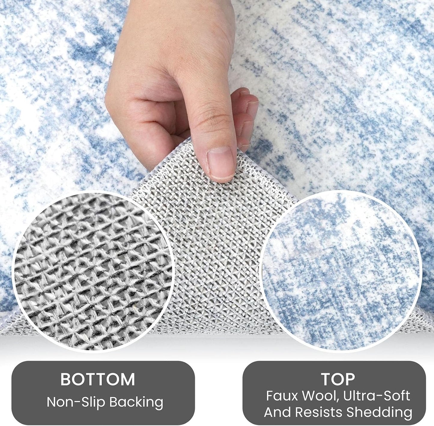 IOHOUZE Abstract Area Rugs 8x10 Ft Washable Large Rugs for Living Room, Non Slip Dining Room Rug, Printed Faux Wool Rugs for Bedroom, Floor Carpet for Office Nursery Playroom, Light Blue White