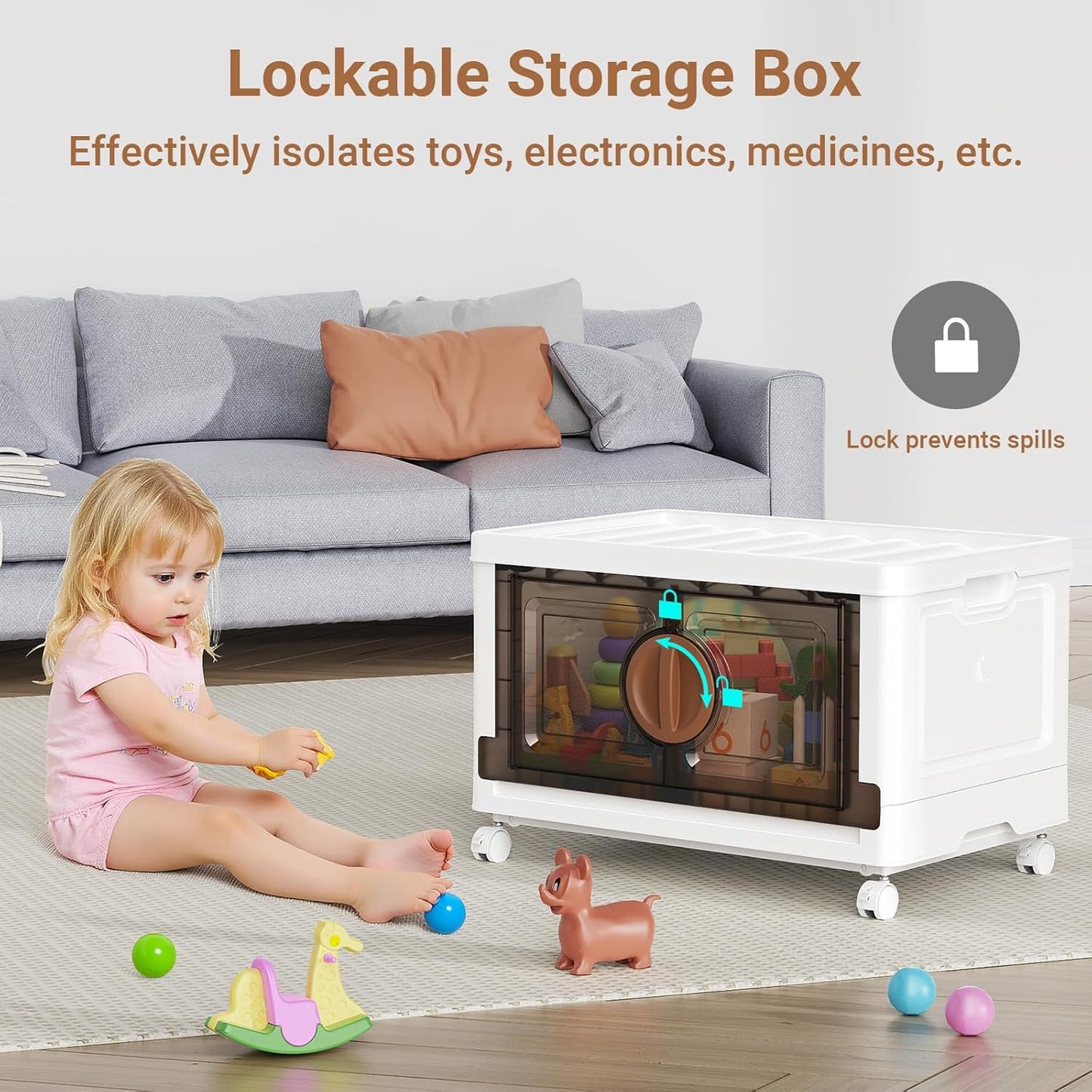 BROVIEW 480Qt Lockable Stackable Storage Bins with Lids, Closet Organizers and Storage Drawer, Collapsible Storage Bin with Wheels, Plastic Cabinet for Toy Clothes Dorm Organizer, V9 4 Pack Brown