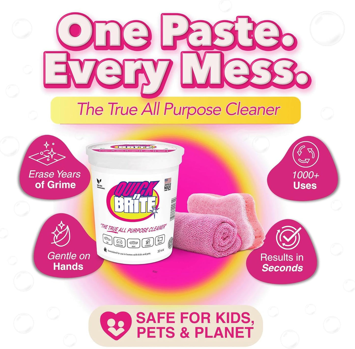 Quick 'n Brite All Purpose Cleaning Paste – Miracle Cleaner for Tough Stains, Biodegradable, Non-Toxic, Pet-Safe, Multi-Surface Stain Remover, Made in USA, 32 Oz Kit