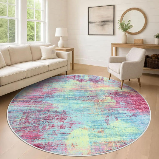 IOHOUZE Abstract Round Area Rug 8 Ft Washable Circle Rugs Large Round Rug Non Slip Thin Soft Circle Rugs, Printed Faux Wool Floor Carpet for Bedroom Living Room Dining Room Nursery, Pink Teal