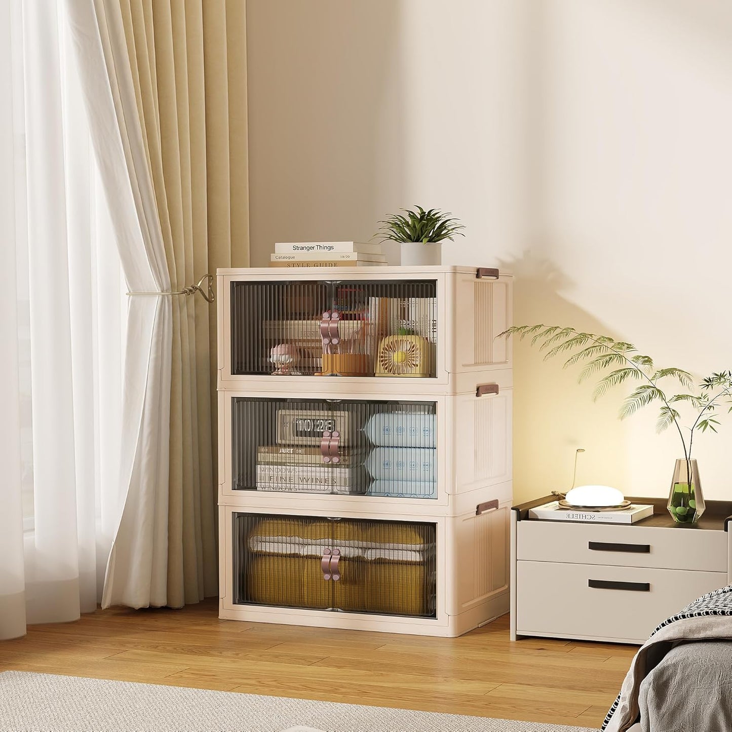 SAILUN 83Gal/335Qt Stackable Storage Bins Folding Collapsible Storage Bins with Lid, Closet Organizers and Box with Door Beige 26" W x 17" D x 43.7" H