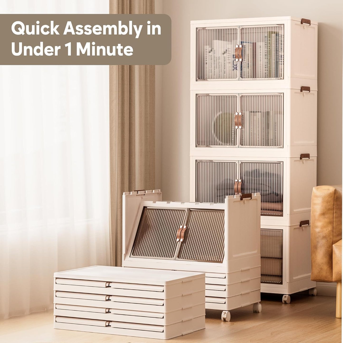 Jalove 50QT Plastic Storage Bins with lids, Stackable Collapsible Storage Containers with Wheels, Closet Organizer and Storage Drawers, Clothes Storage Cabinet for Home Office Garage, 4 Pack White