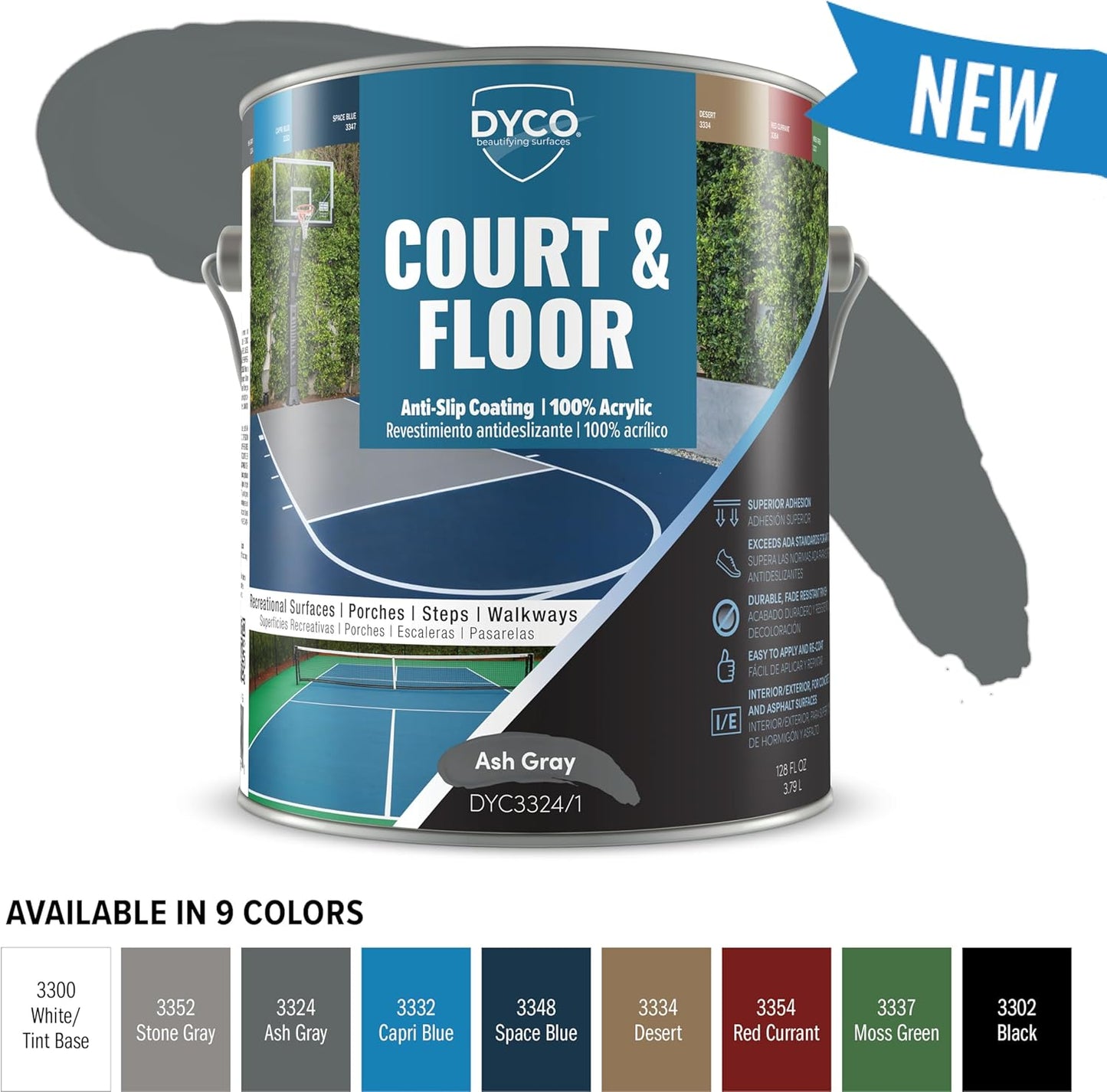 DYCO Court & Floor Anti-Slip Coating - Slip-Resistant Pavement, Cement & Concrete Paint for Pickleball, Tennis & Basketball Courts, Exceeds ADA Standards for Safety Areas (Ash Gray, 1 Gallon)