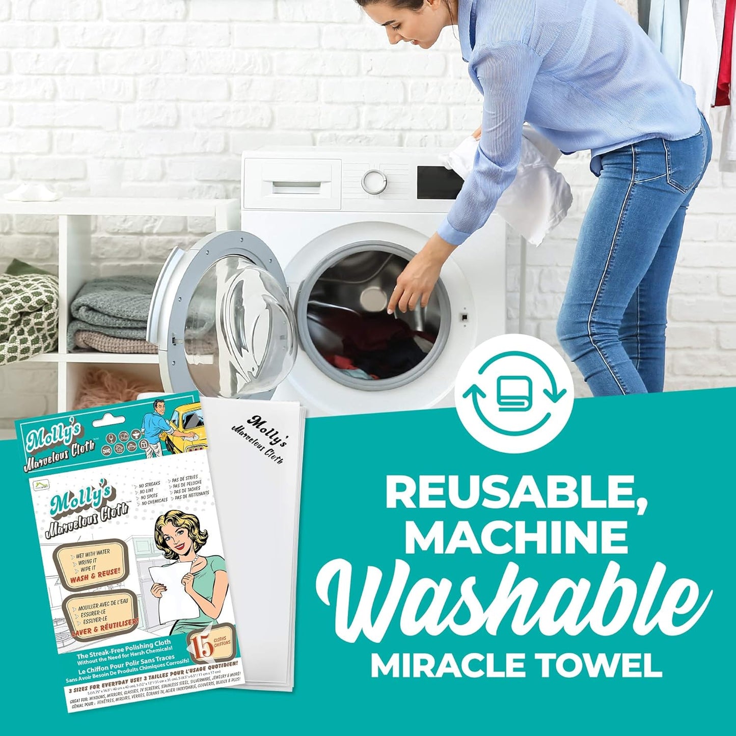 Molly's Marvelous Cloth, Streak-Free, Lint-Free Microfiber Cleaning Cloth, Polishing Cloth for Glass, Stainless Steel, Use for Kitchen, Bath, Cars, Detailing, Reusable (15.75" by 16") (15pk, White)