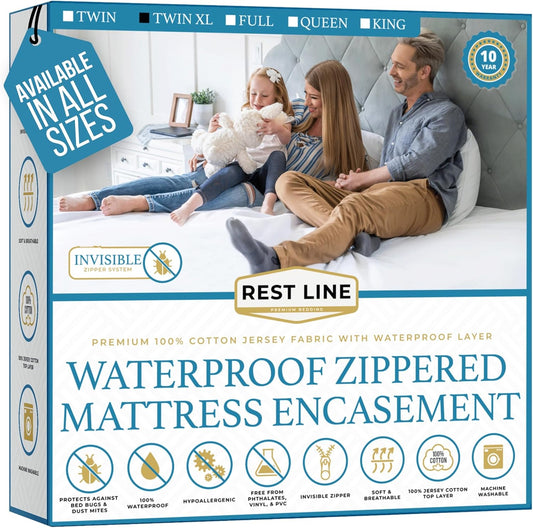 Twin XL Size 39x80” Premium Waterproof Zippered Mattress Encasement, 100% Cotton, Hypoallergenic, Six Sided Mattress Cover, Invisible Zippered, Soft Breathable up to 15" Deep - Rest Line