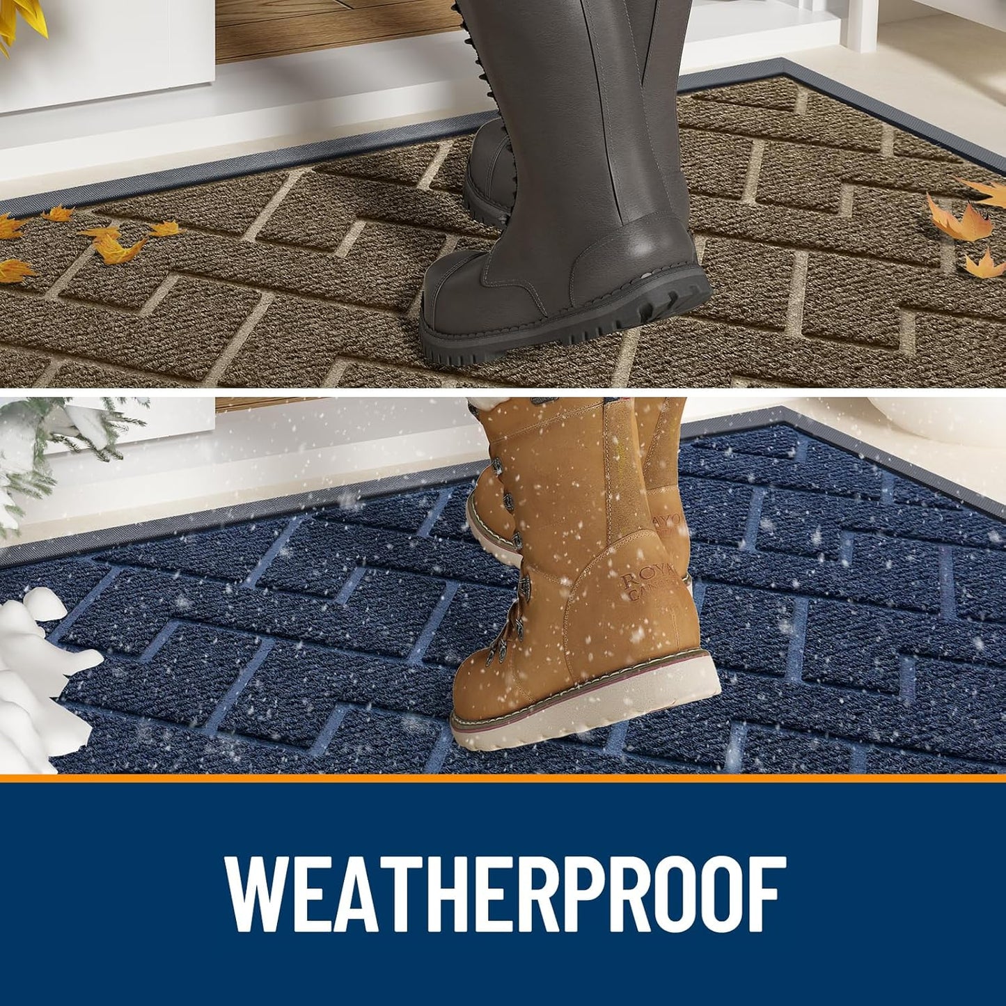 OLANLY Front Door Mat Indoor Outdoor Entrance, Waterproof All-Season, All-Weather Doormat, Sturdy Natural Rubber, Low Profile, Easy Clean Patio Porch Entryway Mat, Herringbone Brick (Brown, 59x23)